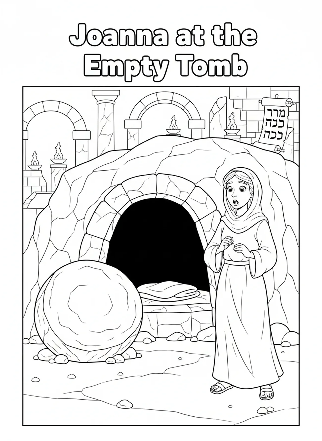 Jeanne devant le tombeau, page à colorier pour les enfants de l'École du dimanche âgés de 5 à 12 ans.