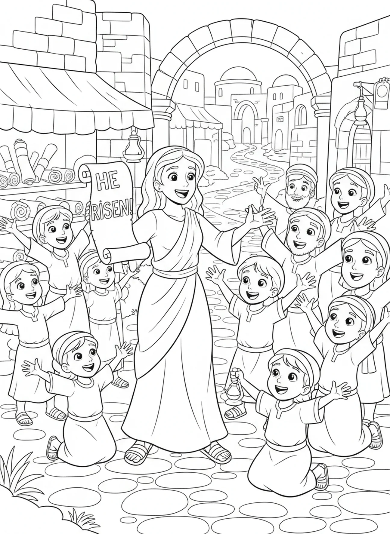 Joanna partageant la bonne nouvelle, page à colorier de Joanna pour les enfants de l'École du dimanche âgés de 5 à 12 ans.