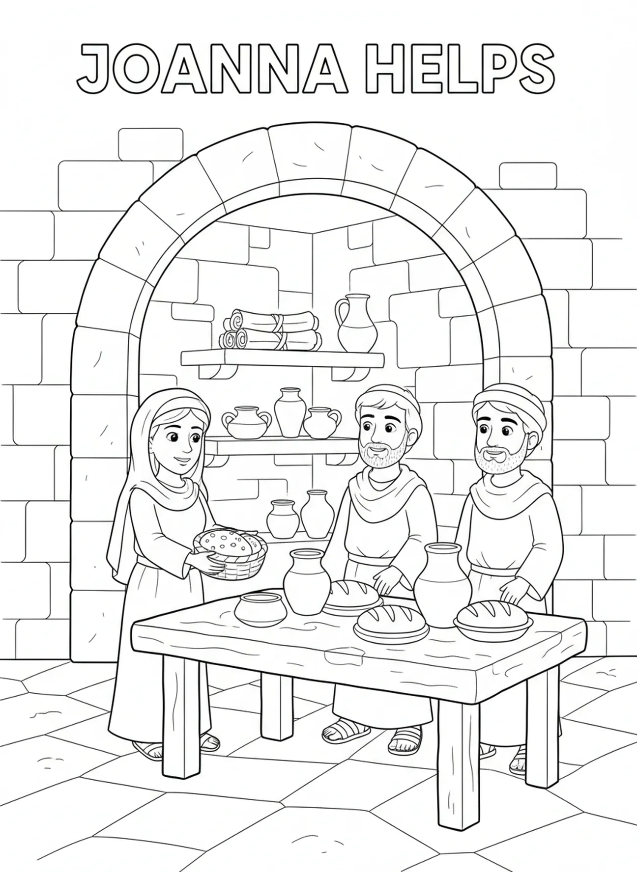 Joanna aidant les disciples, page à colorier Joanna pour les enfants de l'École du dimanche âgés de 5 à 12 ans.