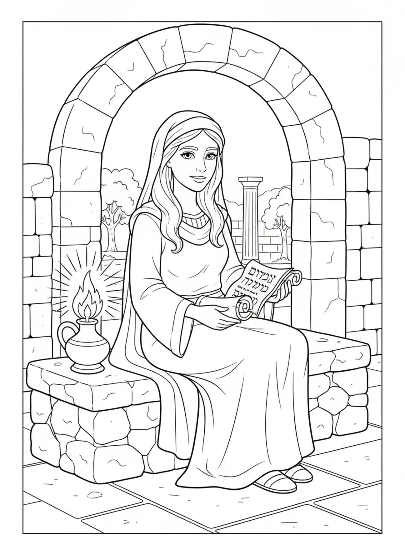 Joanna lisant des rouleaux, page à colorier de Joanna pour les enfants de catéchisme âgés de 5 à 12 ans.
