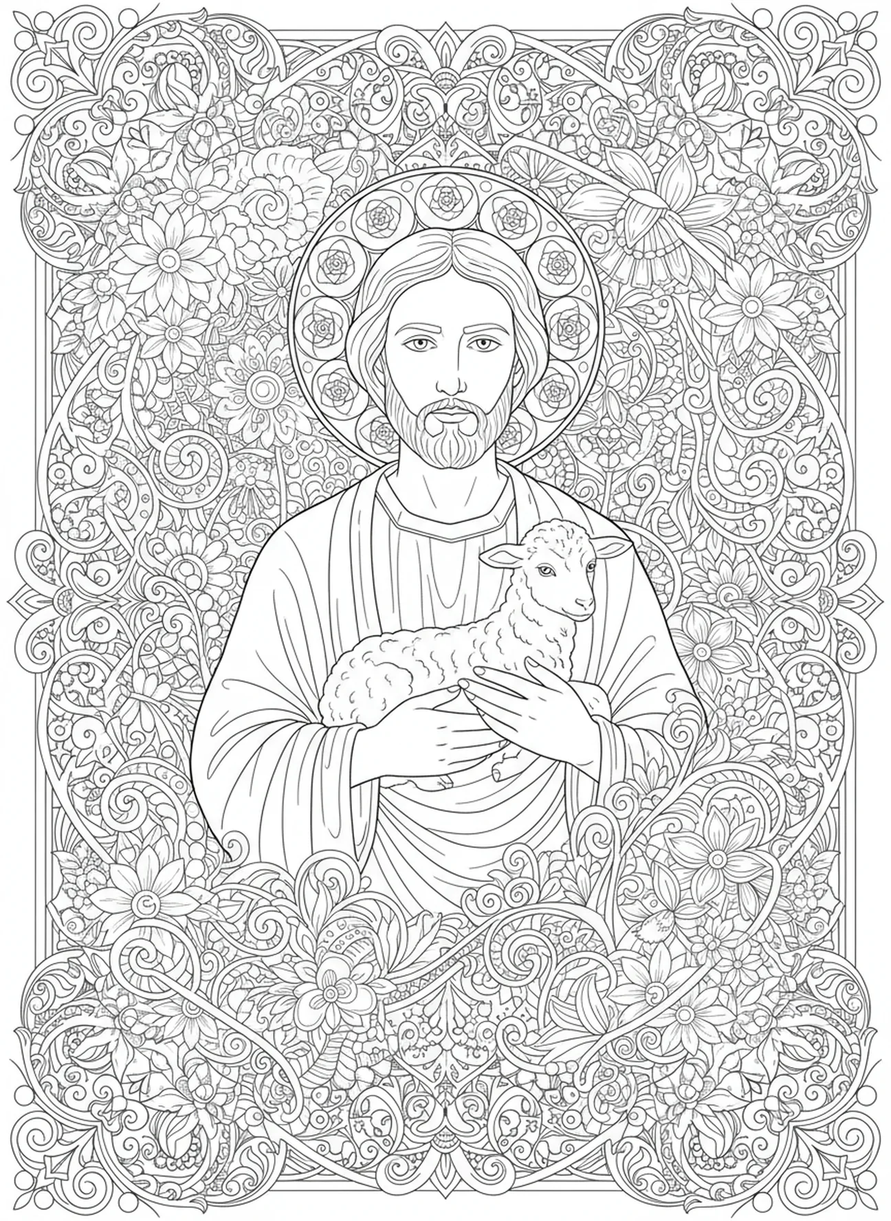 Jean tenant l'Agneau, page à colorier de l'Évangéliste Jean pour le journal biblique des adultes