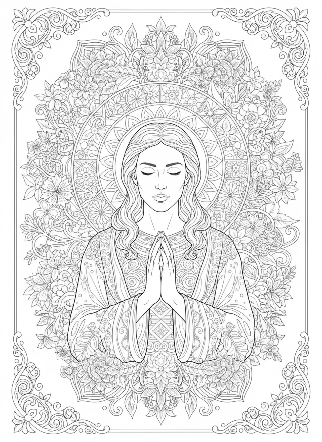 Jean en prière, page à colorier de l'Évangéliste Jean pour le style de journal biblique pour adultes