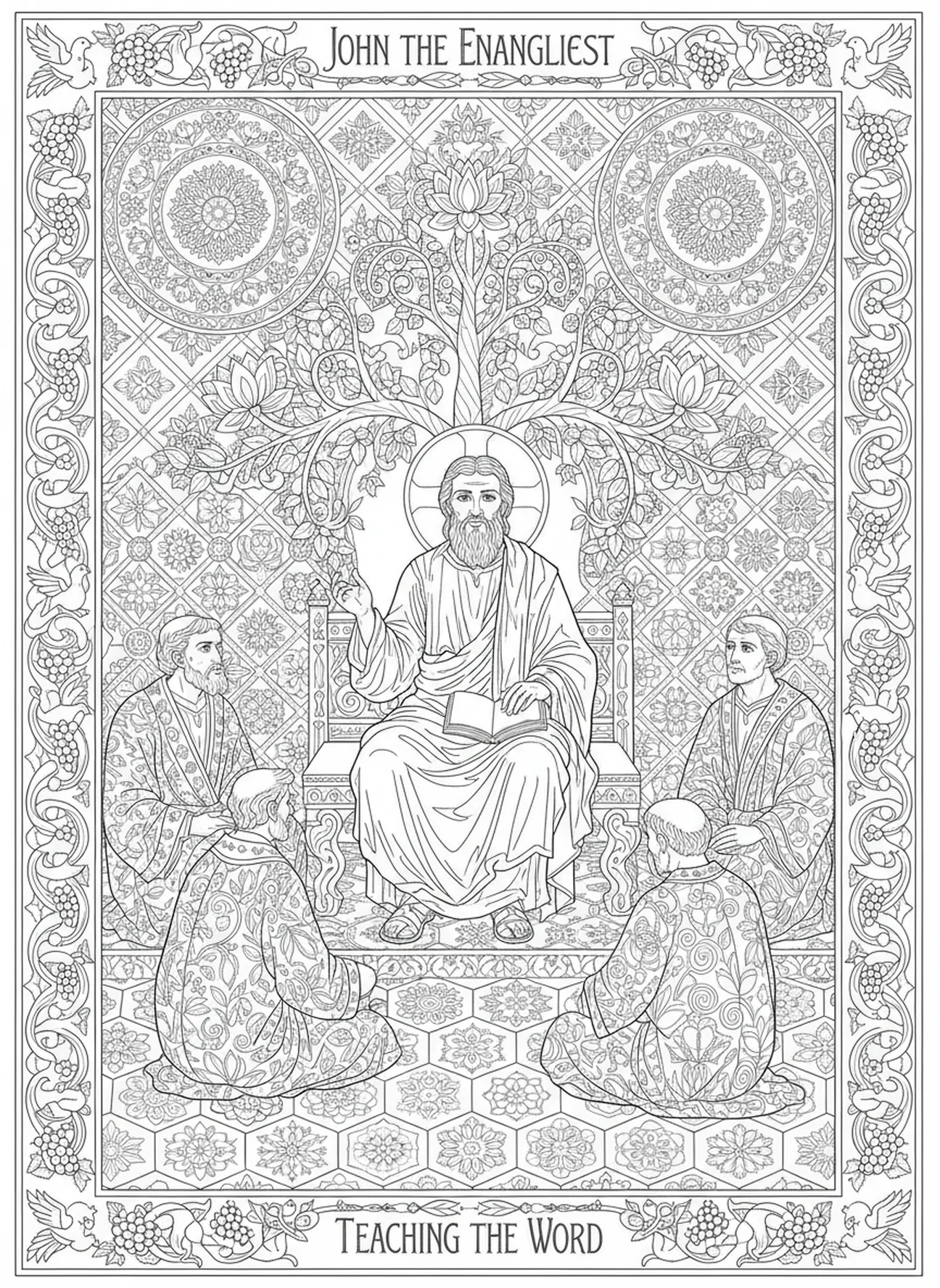 Saint Jean enseignant ses disciples, page à colorier pour adultes dans le style du journal biblique