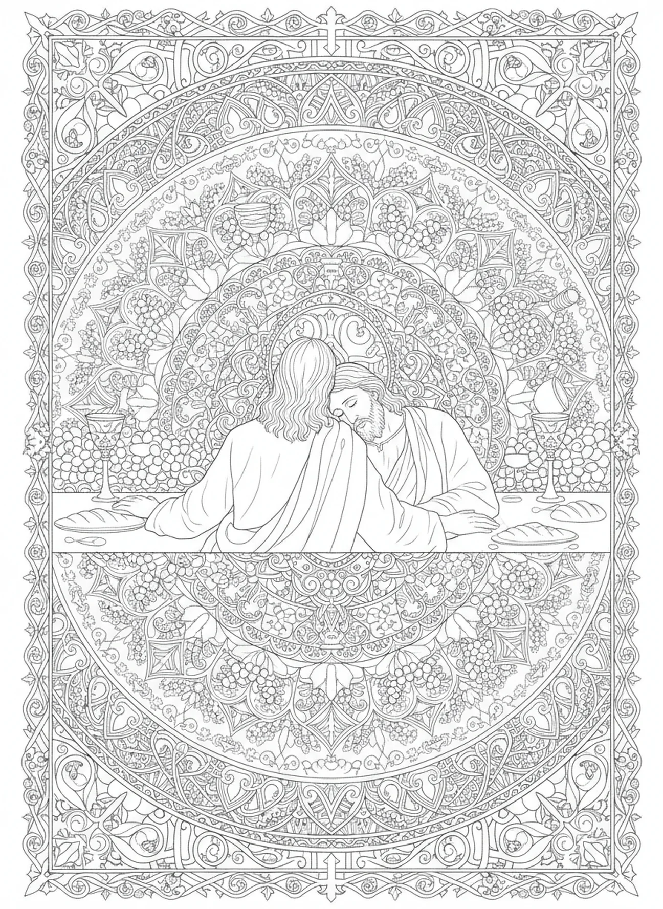 Jean à la Dernière Cène, page à colorier pour adultes dans le style du journal biblique