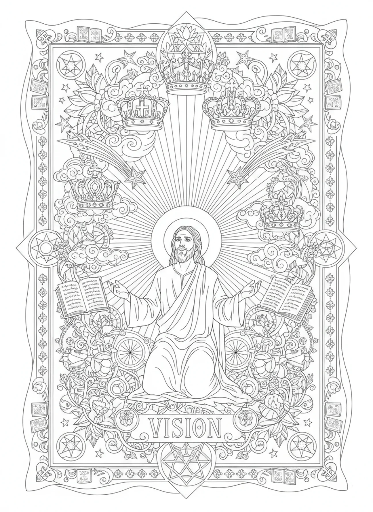 Vision divine de Jean, page à colorier de l'Évangéliste Jean pour le style de journal biblique