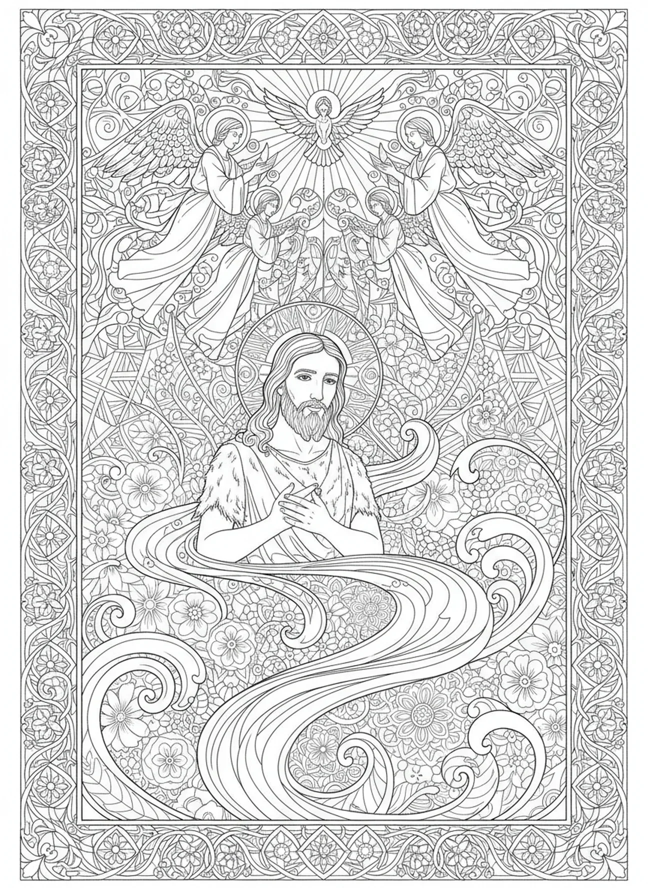 Saint Jean-Baptiste baptisant Jésus dans le fleuve Jourdain, page à colorier Saint Jean-Baptiste pour adultes dans un style de journal biblique