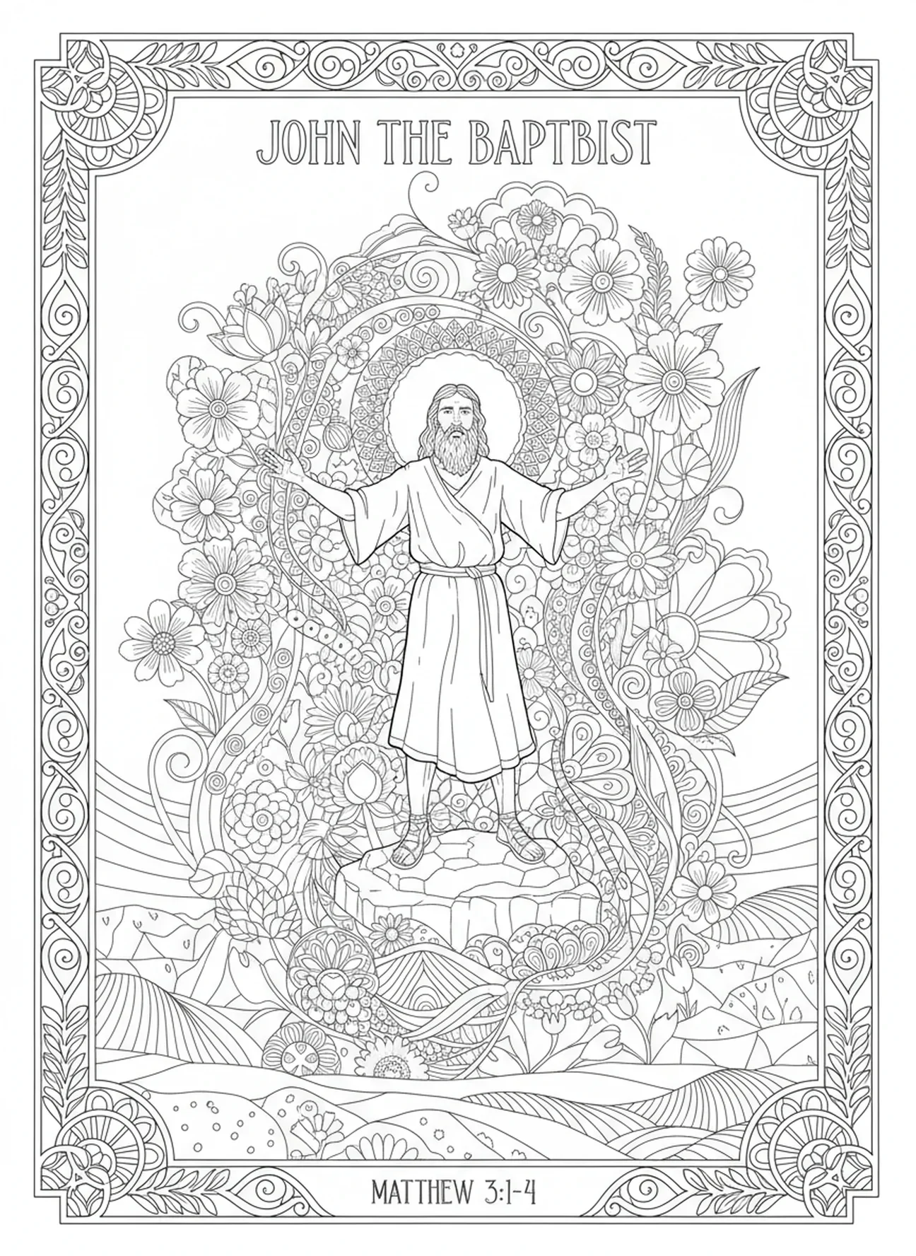 Saint Jean-Baptiste prêchant dans le désert, page à colorier Saint Jean-Baptiste pour le journal biblique pour adultes