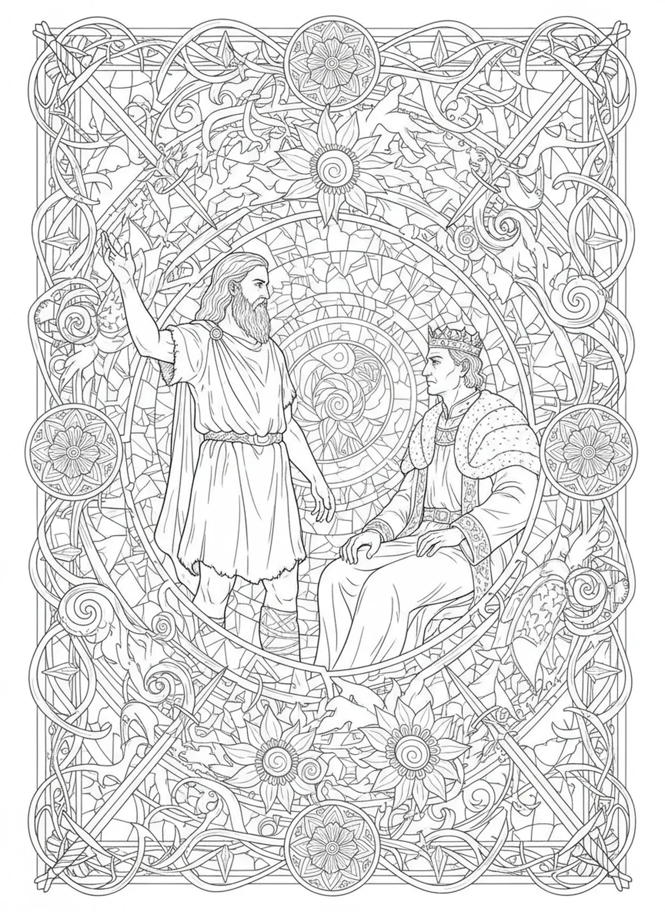 Saint Jean-Baptiste se tenant devant le roi Hérode, page à colorier Saint Jean-Baptiste pour adultes dans un style de journal biblique