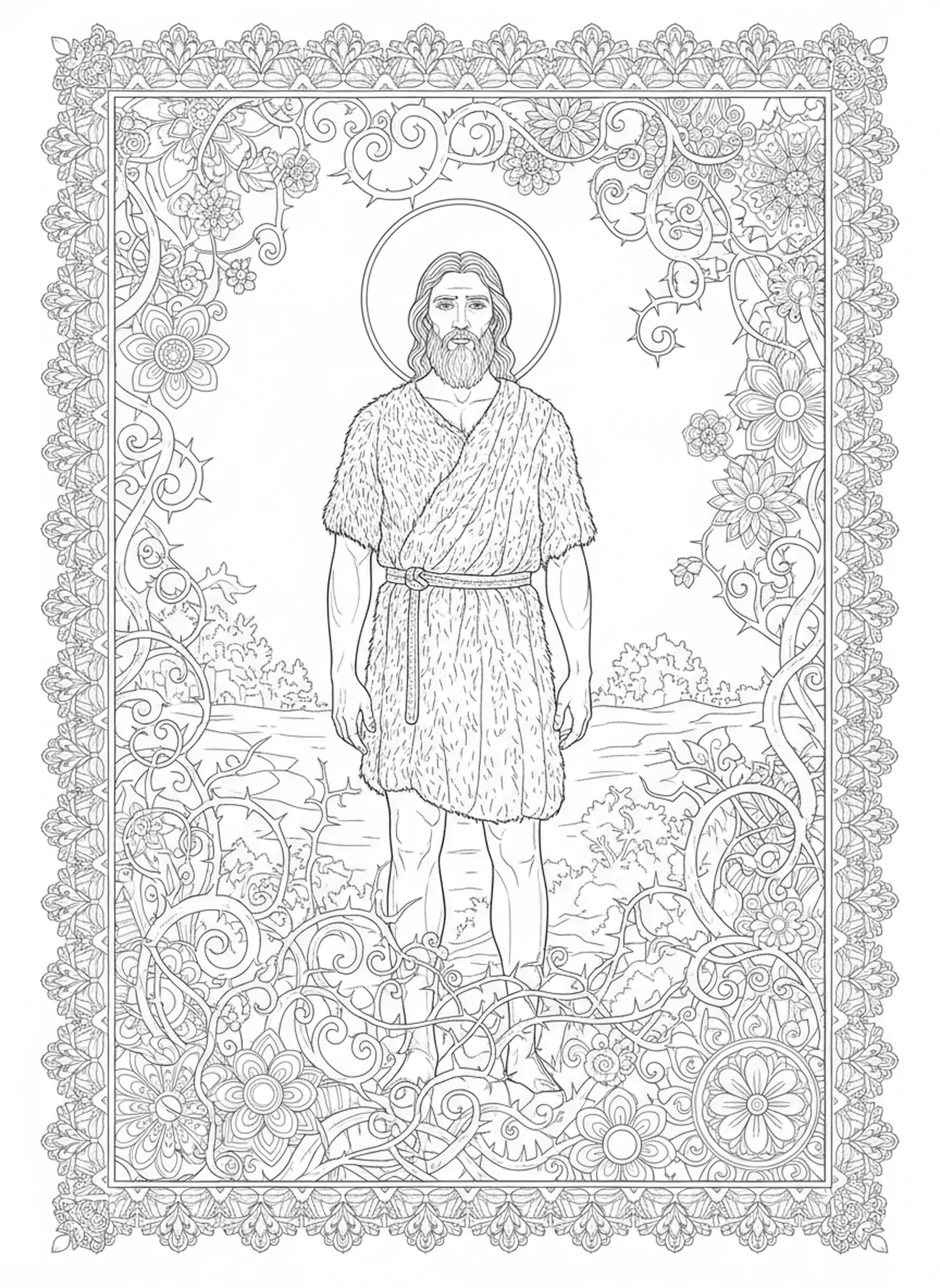 Saint Jean-Baptiste en poil de chameau dans le désert, page à colorier de Saint Jean-Baptiste pour le journal biblique pour adultes