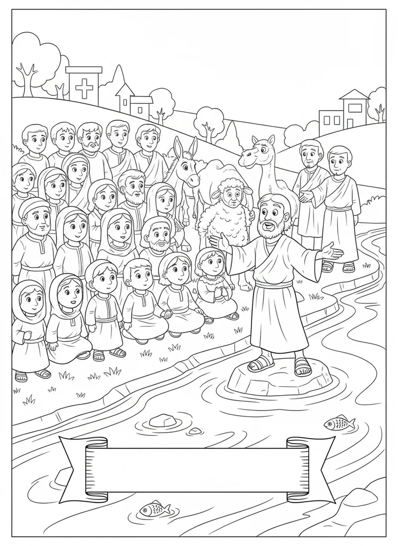 Foule rassemblée au bord de la rivière pour écouter Jean-Baptiste, page à colorier Jean-Baptiste pour enfants de 5 à 10 ans