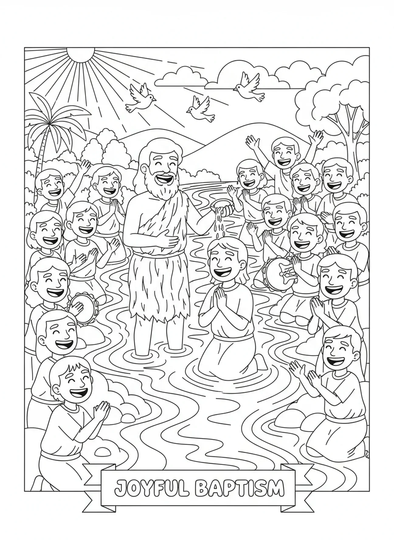 Cérémonie de baptême au bord de la rivière avec Jean-Baptiste, page à colorier Jean-Baptiste pour enfants de 5 à 10 ans