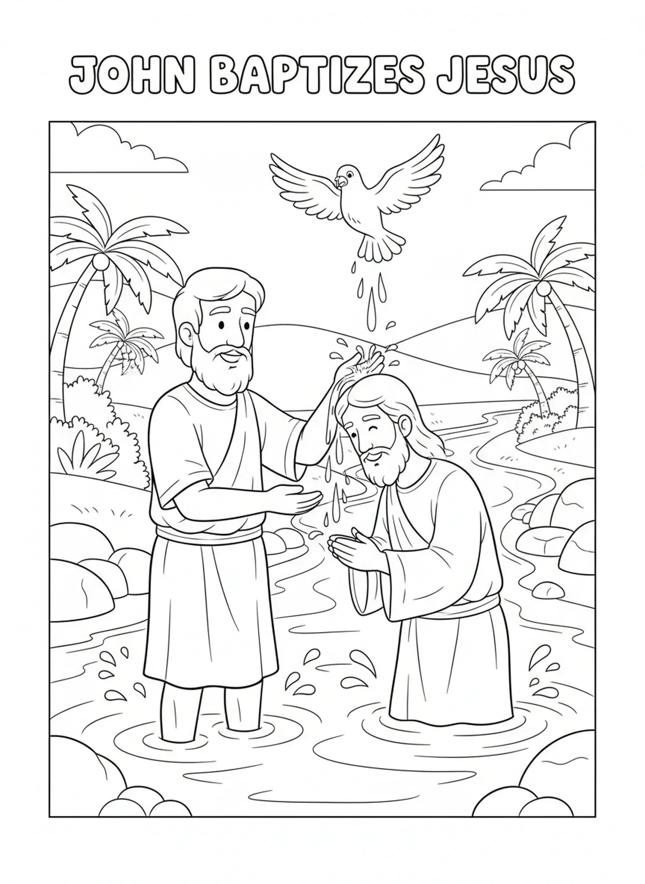 Saint Jean-Baptiste baptisant Jésus dans la rivière, page à colorier Saint Jean-Baptiste pour les enfants de 5 à 10 ans
