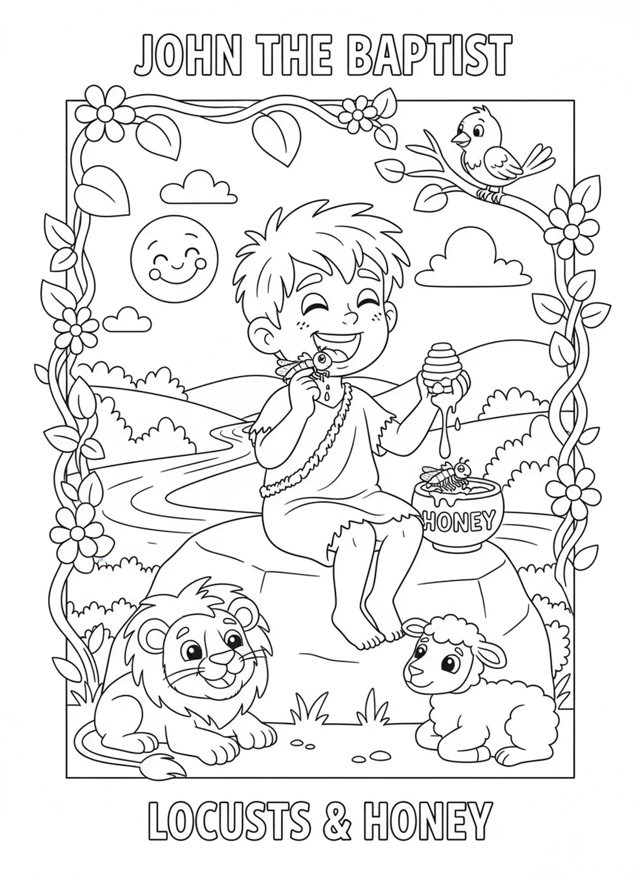 Saint Jean-Baptiste mangeant des sauterelles et du miel, page à colorier Saint Jean-Baptiste pour les enfants de 5 à 10 ans