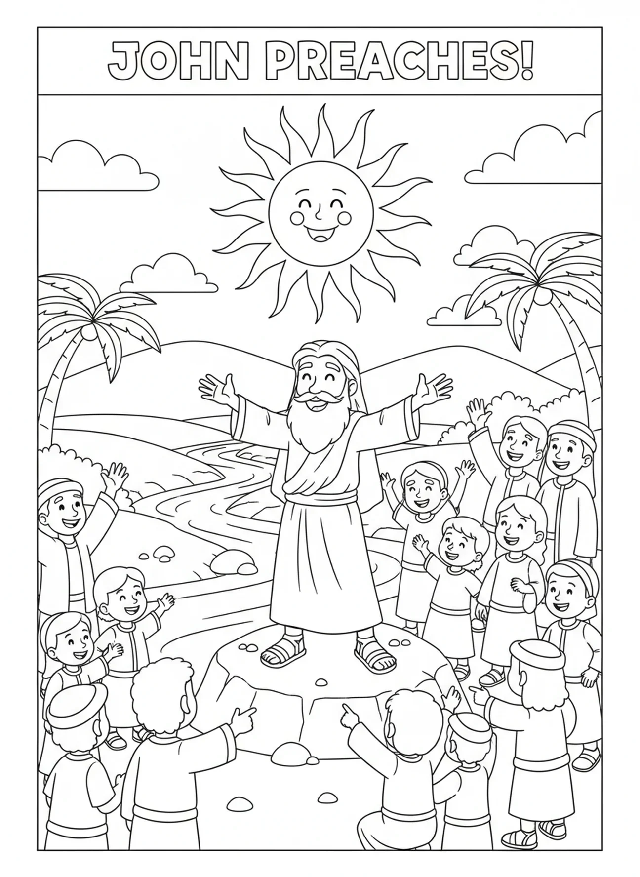 Saint Jean-Baptiste encourageant ses disciples au bord de la rivière, page à colorier Saint Jean-Baptiste pour les enfants de 5 à 10 ans