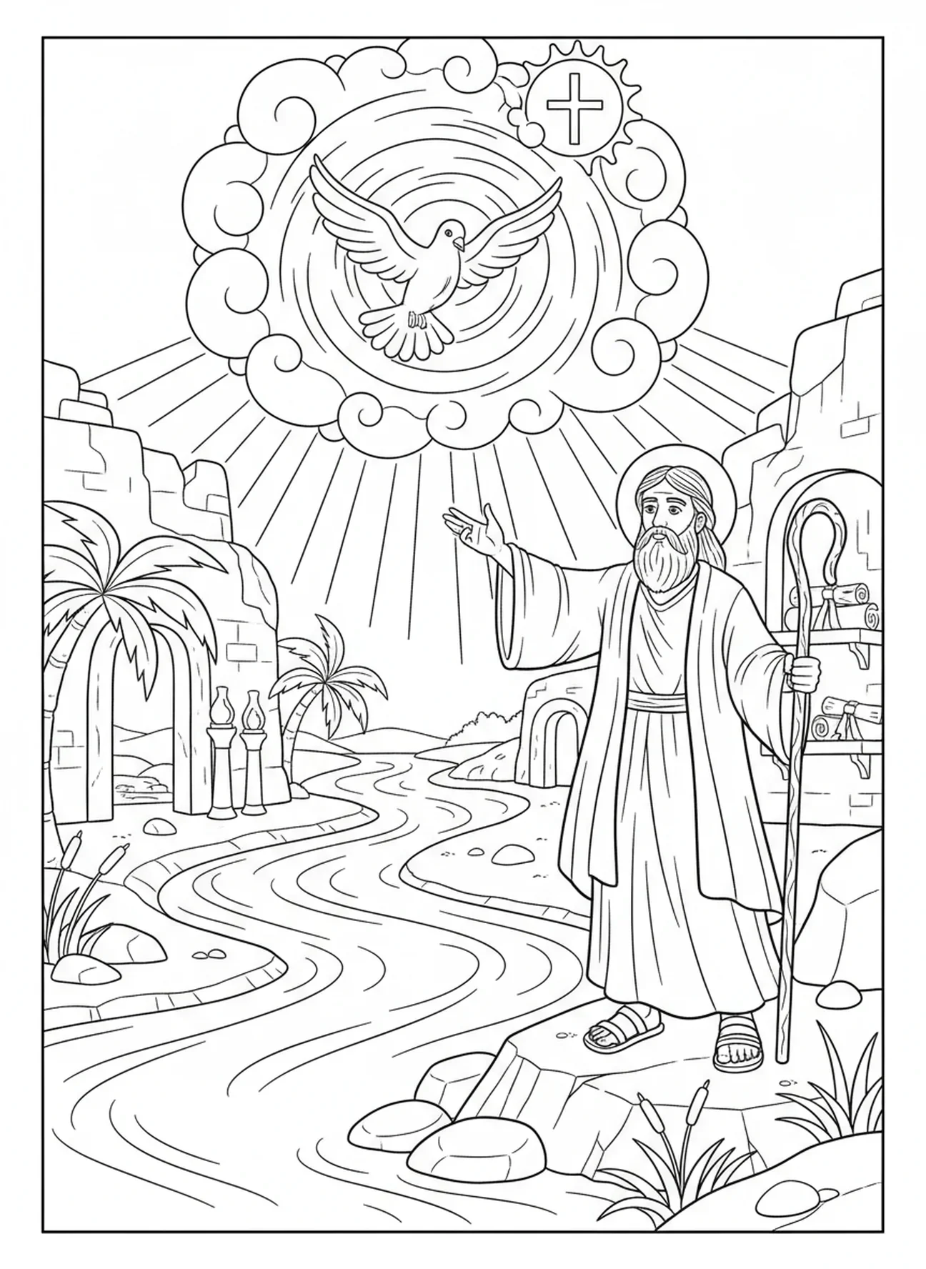 Duif die de Heilige Geest symboliseert, kleurplaat van Johannes de Doper voor Zondagsschoolkinderen van 5-12 jaar.