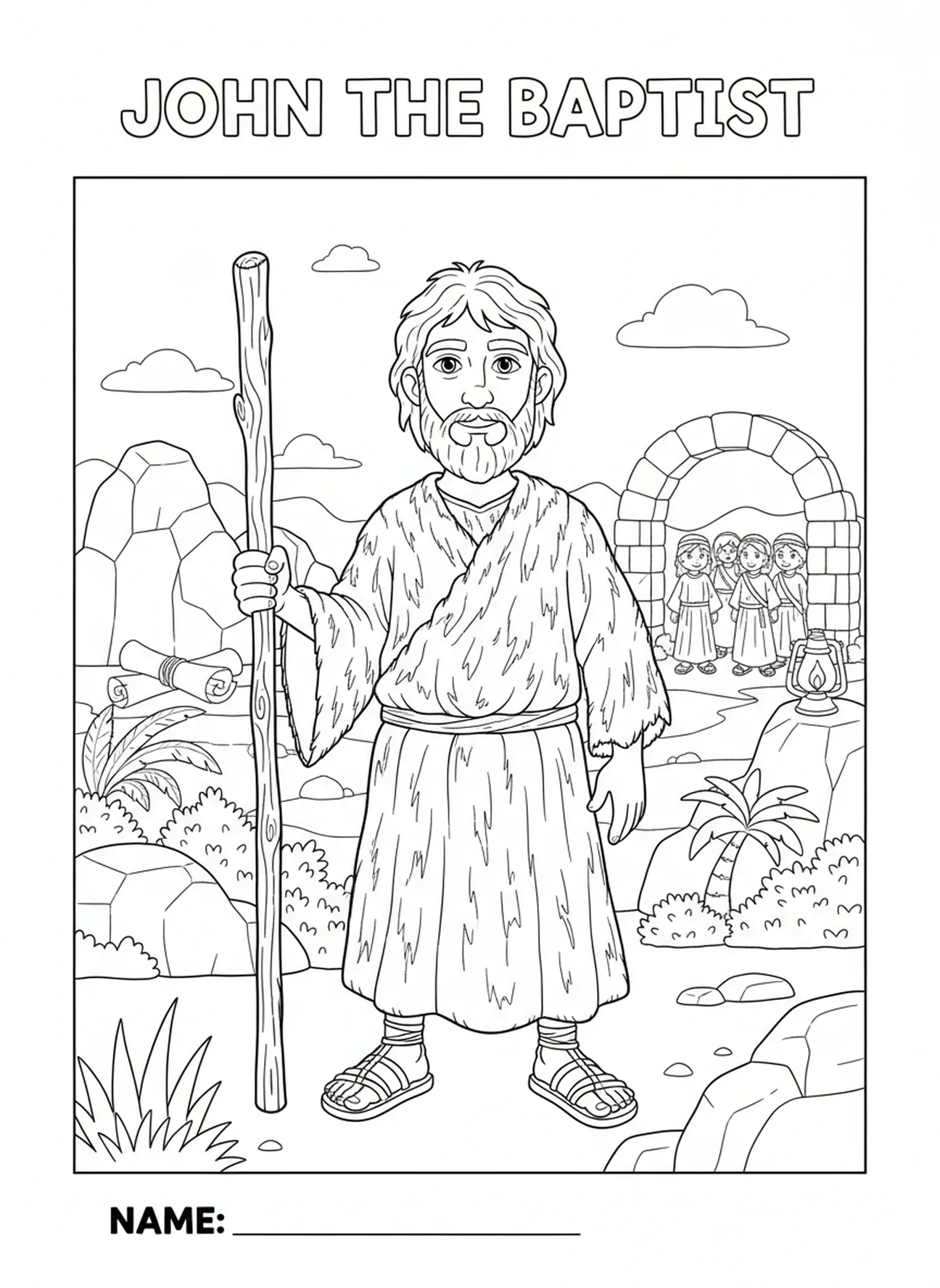 Johannes de Doper in kameelhaar, kleurplaat van Johannes de Doper voor Zondagsschoolkinderen van 5-12 jaar.