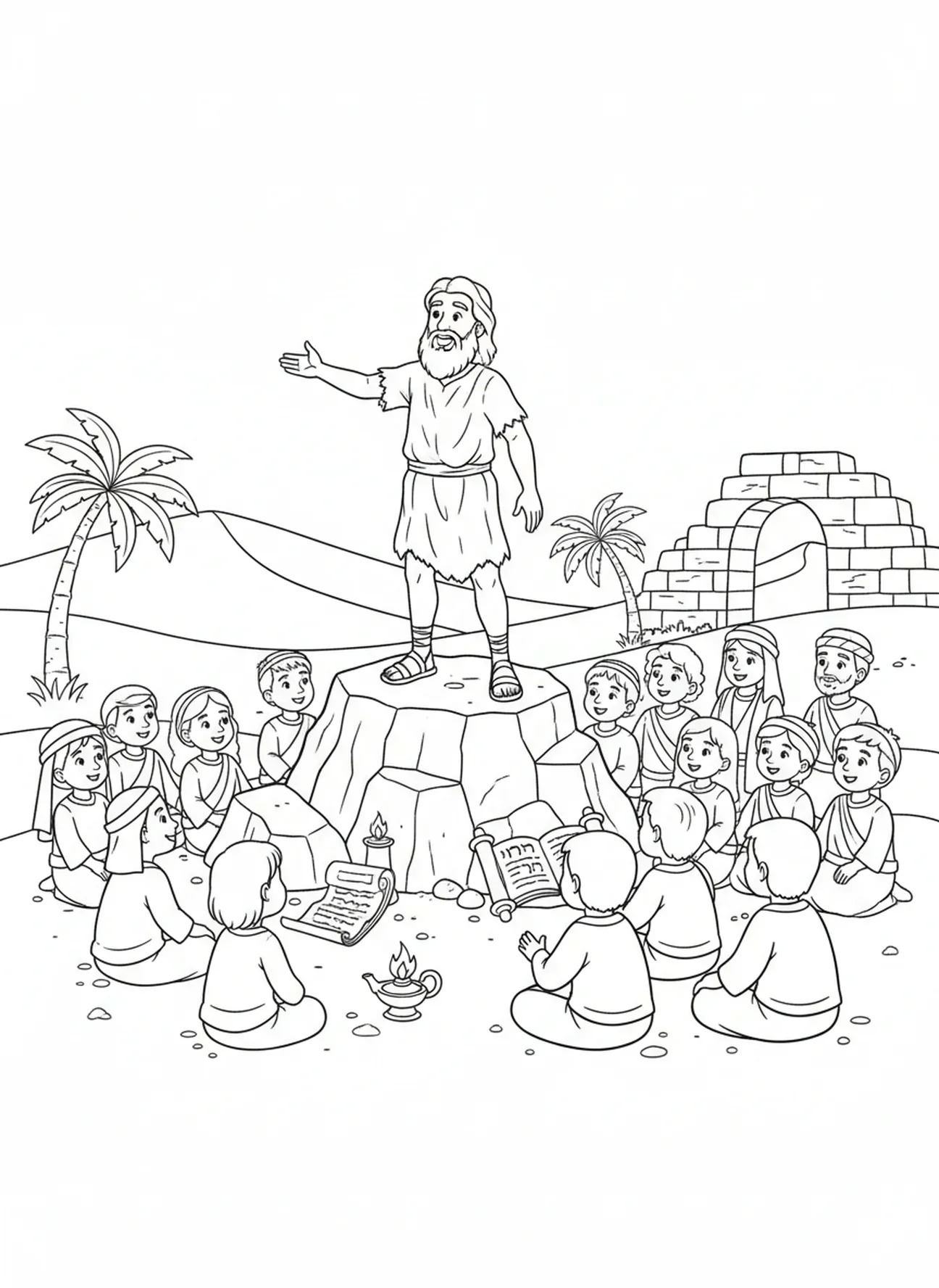 Johannes de Doper die predikt voor een menigte, kleurplaat van Johannes de Doper voor Zondagsschoolkinderen van 5-12 jaar.