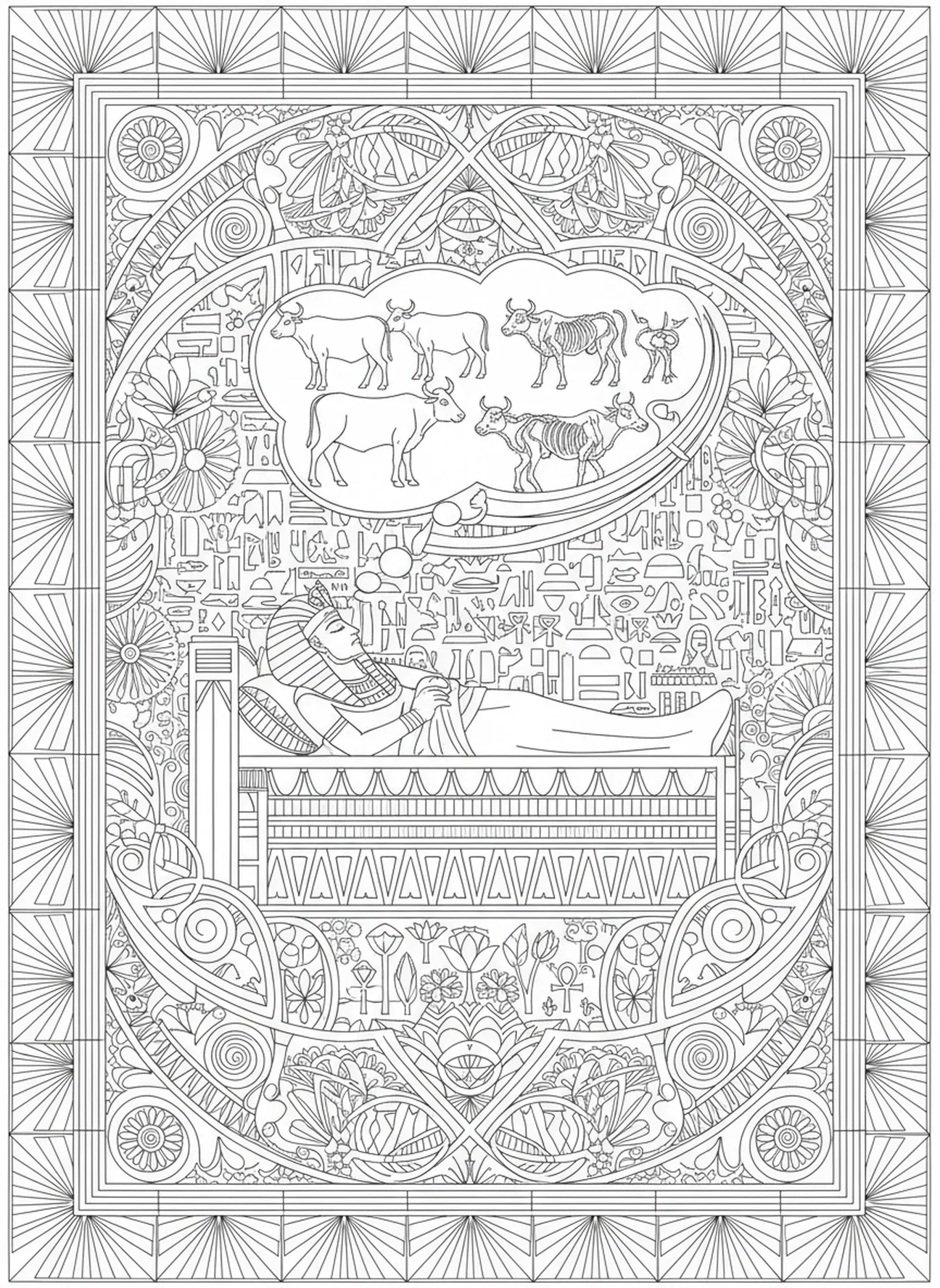 Faraó sonhando, página de colorir do sonho de José no estilo de journaling bíblico para adultos.