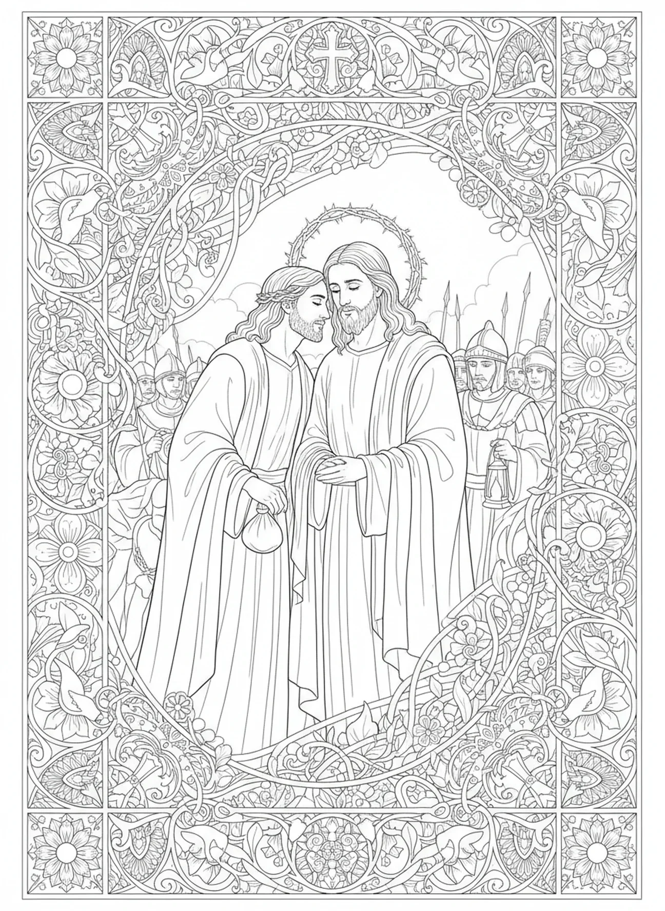 Judas całujący Jezusa, kolorowanka dla dorosłych w stylu dziennika biblijnego.