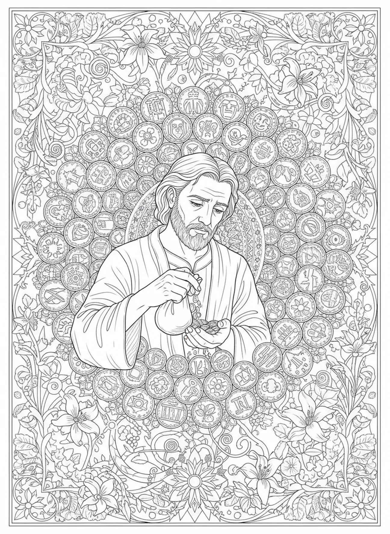 Judas rozmyślający nad srebrnymi monetami, kolorowanka dla dorosłych w stylu journalingu biblijnego.