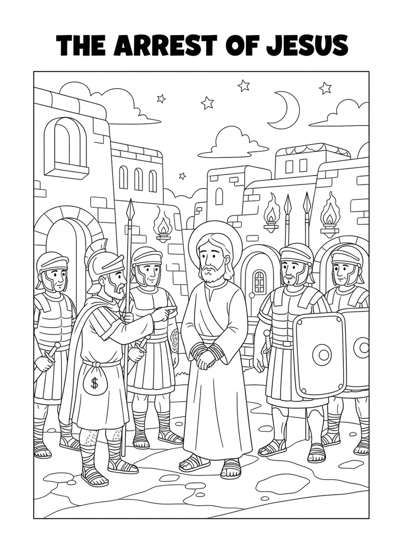 Soldaten die Jezus gevangen nemen, kleurplaat van Judas Iskariot voor Zondagsschoolkinderen van 5-12 jaar.