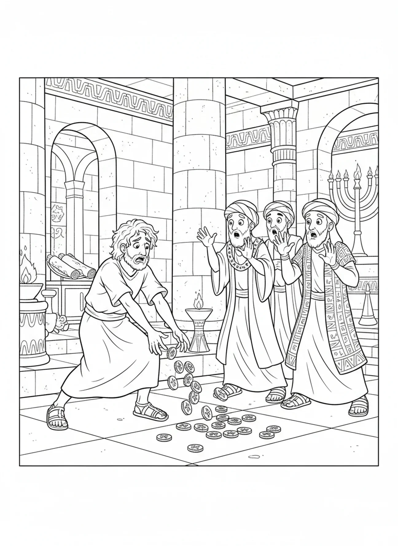 Judas die zilveren munten gooit, kleurplaat van Judas Iskariot voor Zondagsschool kinderen van 5-12 jaar.