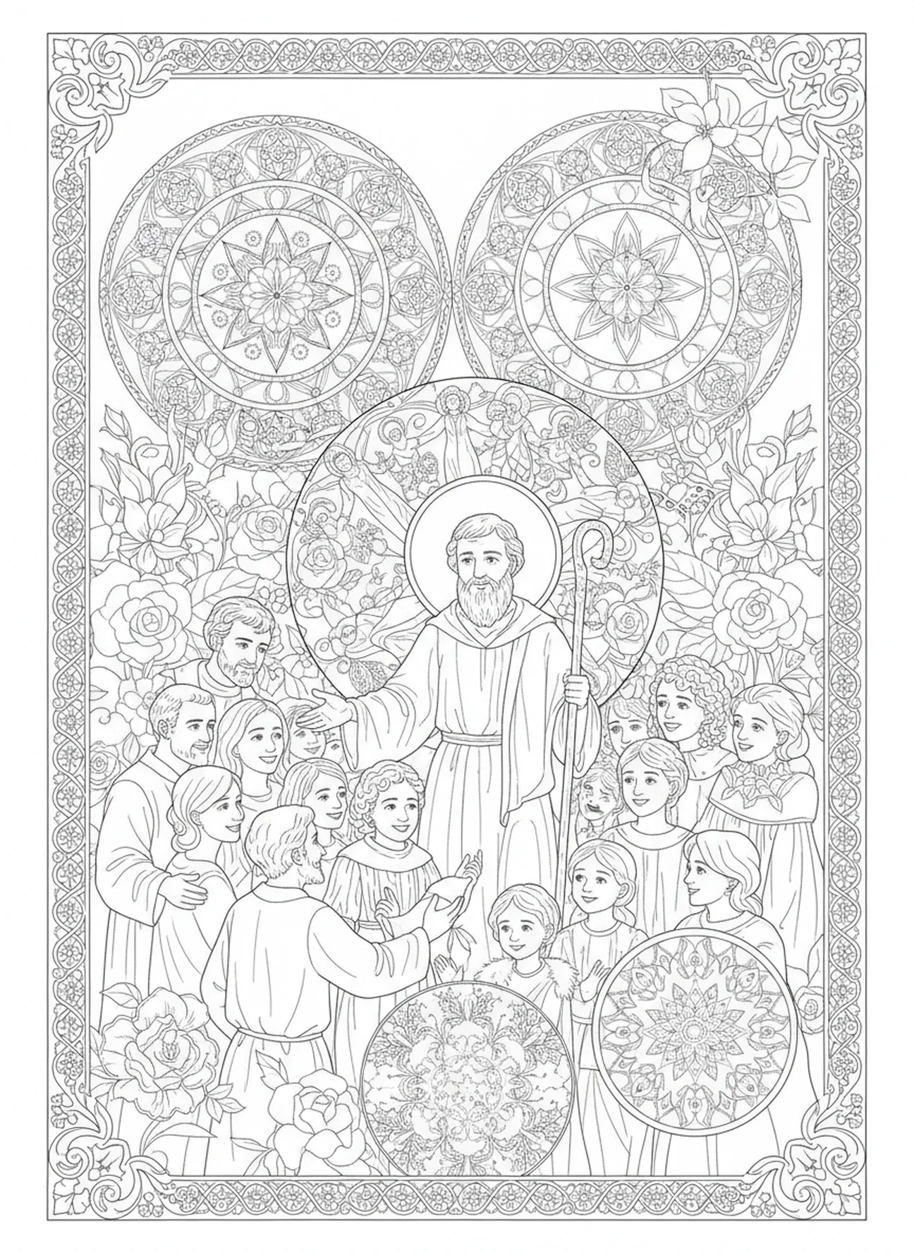 Saint Jude Thaddée interagissant avec la foule, page à colorier pour adultes sur l'apôtre Saint Jude Thaddée dans un style de journal biblique.