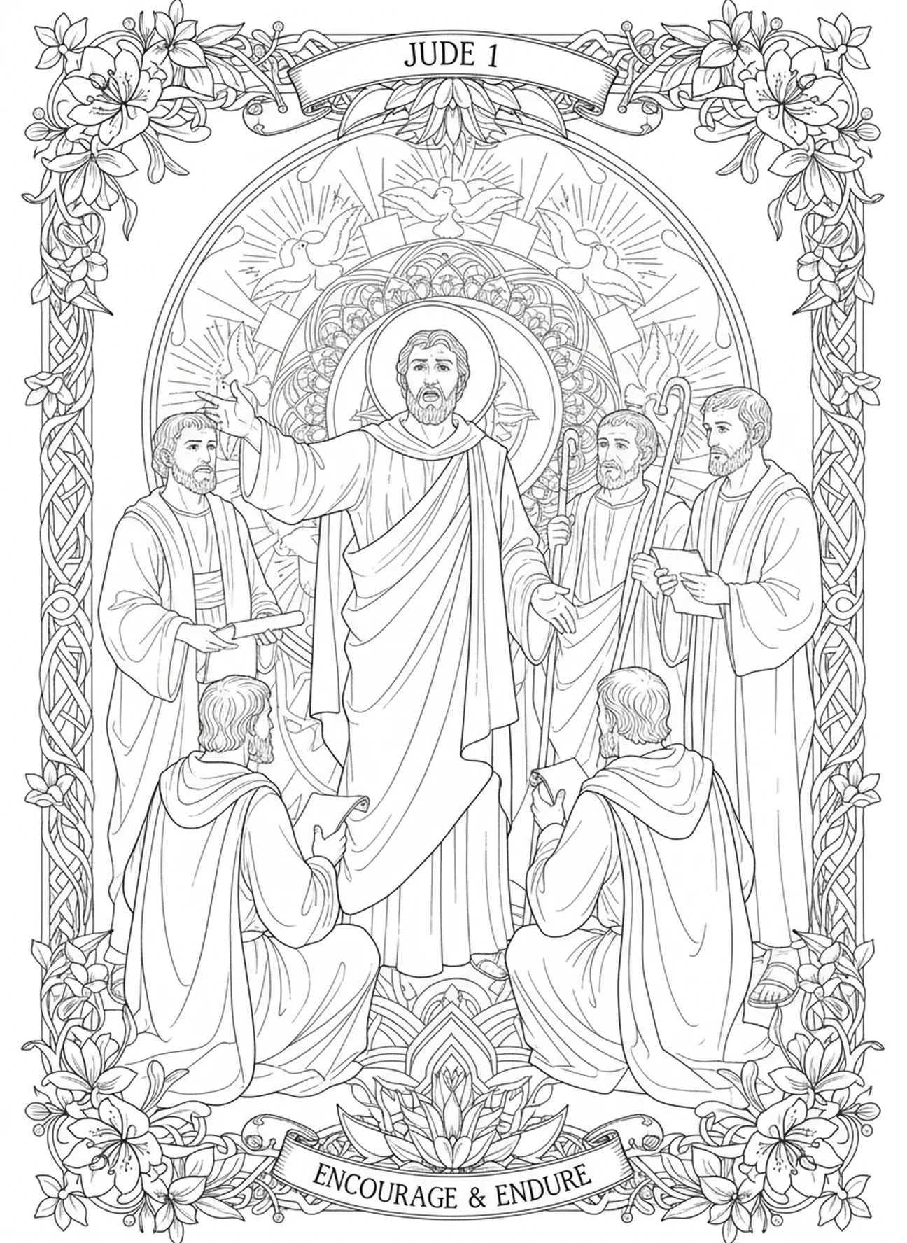 Saint Jude Thaddée encourageant les disciples, page à colorier Saint Jude Thaddée pour adultes dans un style de journal biblique.