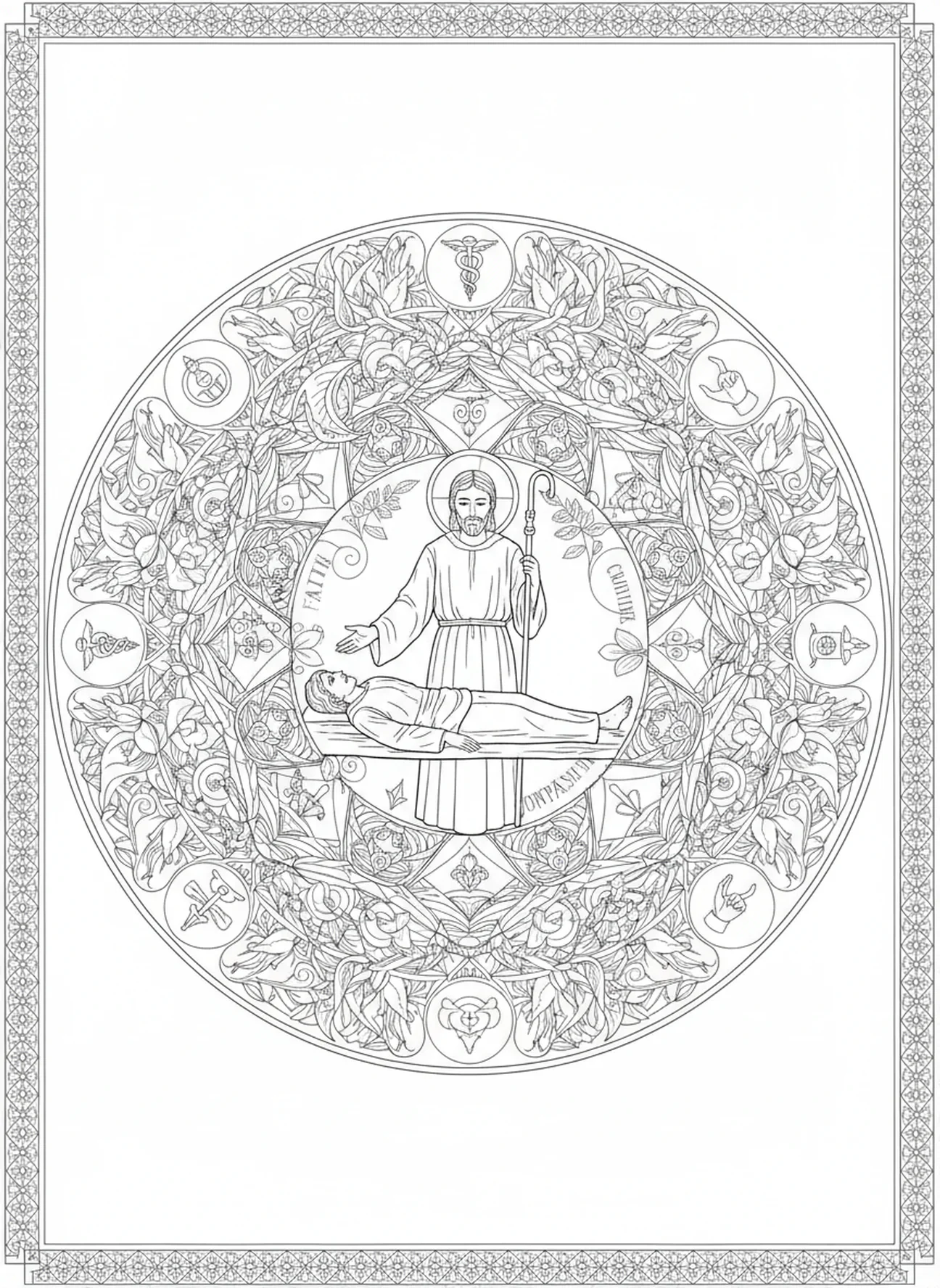 Saint Jude Thaddée guérissant les malades, page à colorier pour adultes sur l'apôtre Saint Jude Thaddée dans un style de journal biblique.