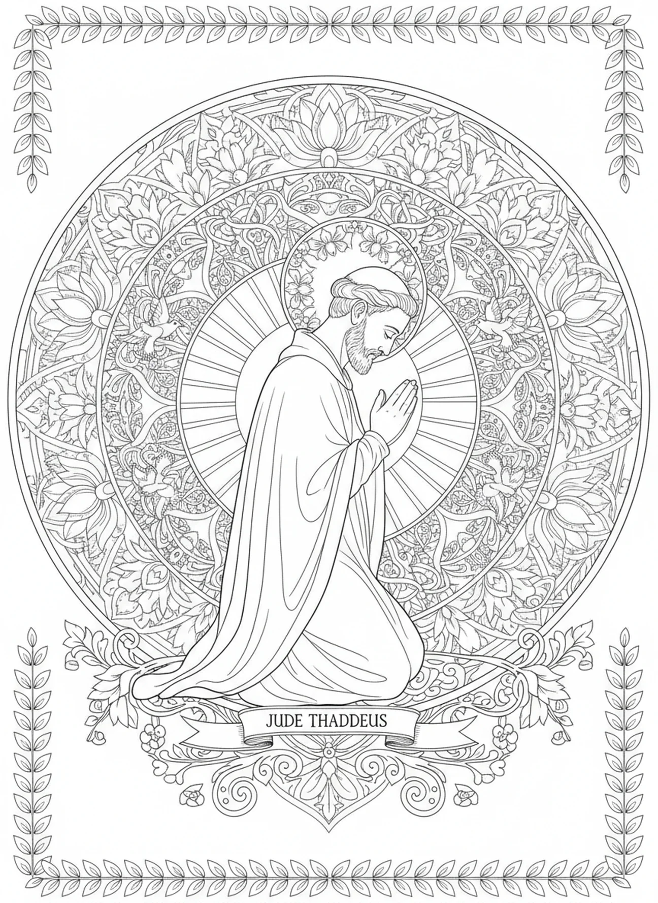 Saint Jude en prière, page à colorier Saint Jude Apôtre pour adultes dans un style de journal biblique.