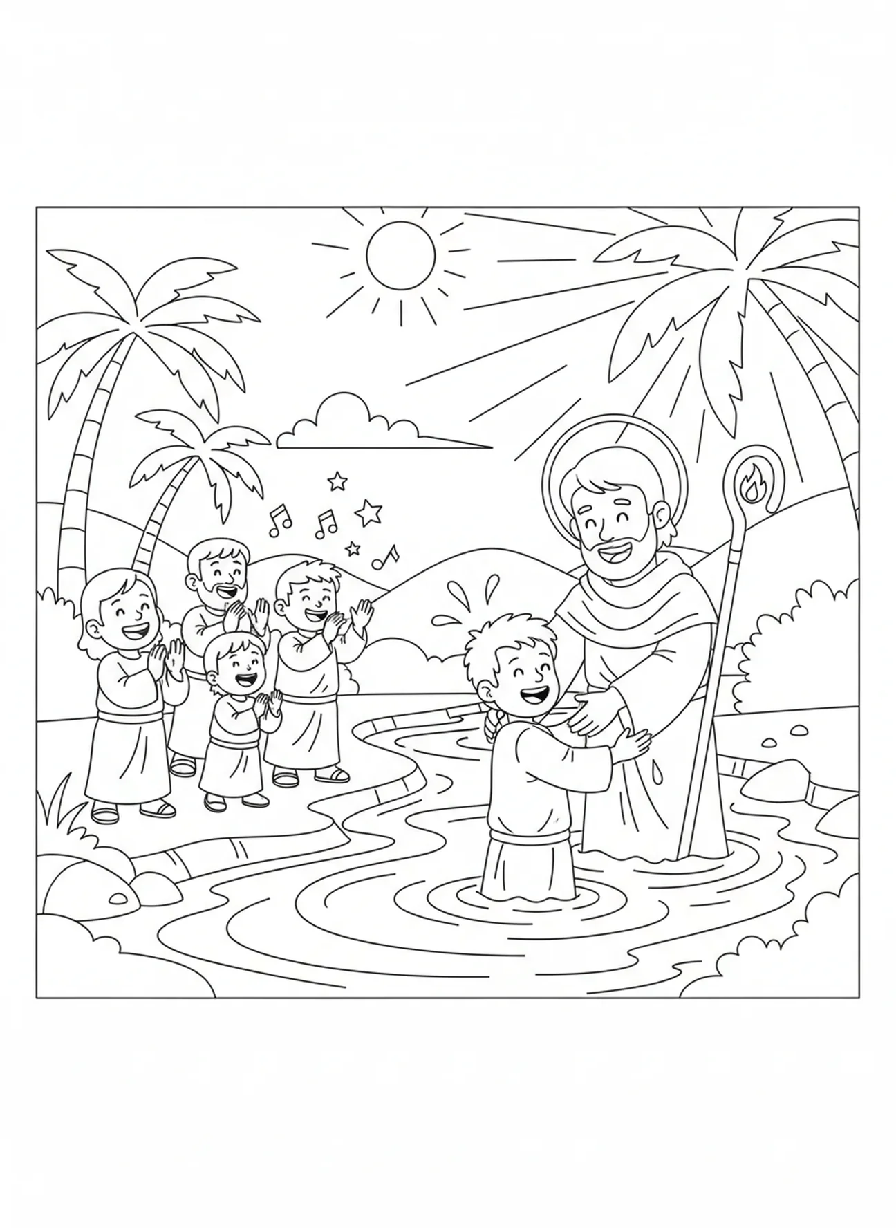 Judas Tadeo bautizando a un creyente, página para colorear del apóstol Judas Tadeo para niños de 5 a 10 años.