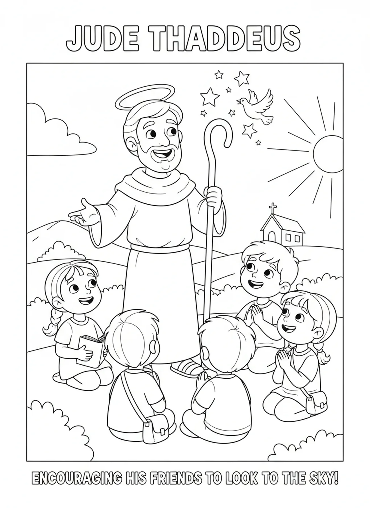 Judas Tadeo animando a sus amigos, página para colorear del apóstol Judas Tadeo para niños de 5 a 10 años.