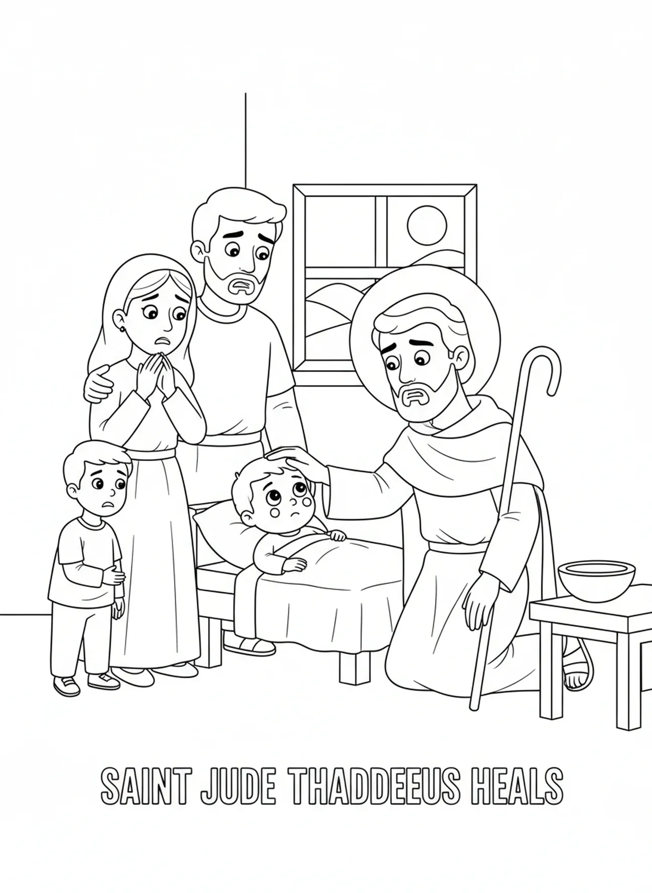 Judas Tadeo sanando a un niño, página para colorear del apóstol Judas Tadeo para niños de 5 a 10 años.