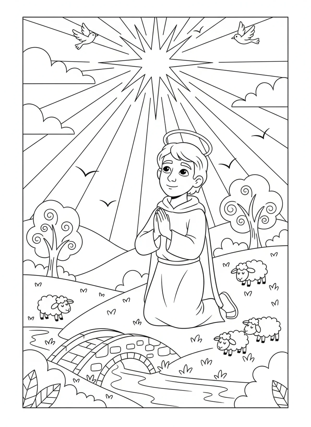 Judas Tadeo orando en una colina, página para colorear del Apóstol Judas Tadeo para niños de 5 a 10 años.