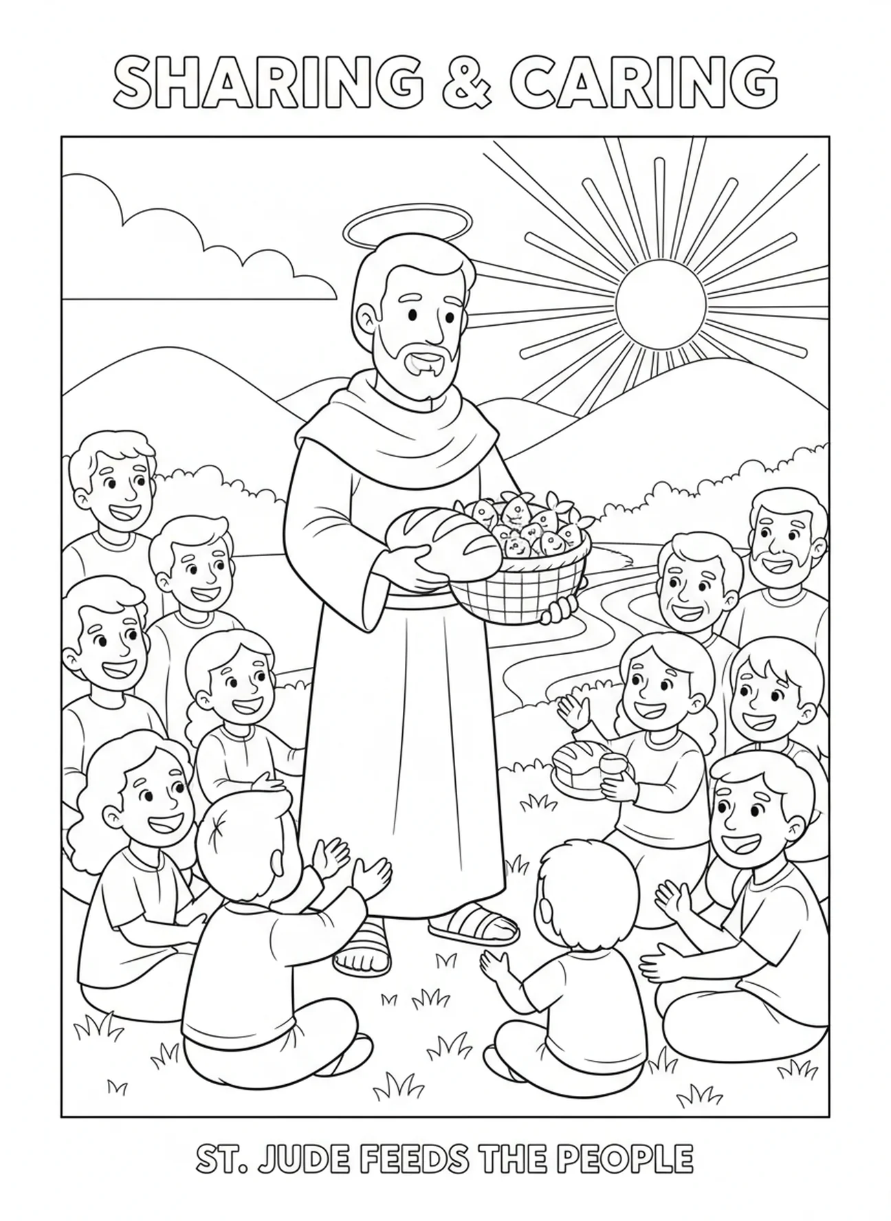 Judas Tadeo compartiendo comida, página para colorear del apóstol Judas Tadeo para niños de 5 a 10 años.