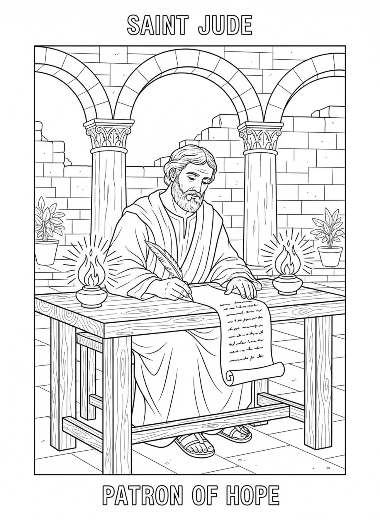 Judas Thaddäus kommuniziert, Ausmalbild von Judas Thaddäus, dem Apostel, für Kinder im Alter von 5-12 Jahren in der Sonntagsschule.