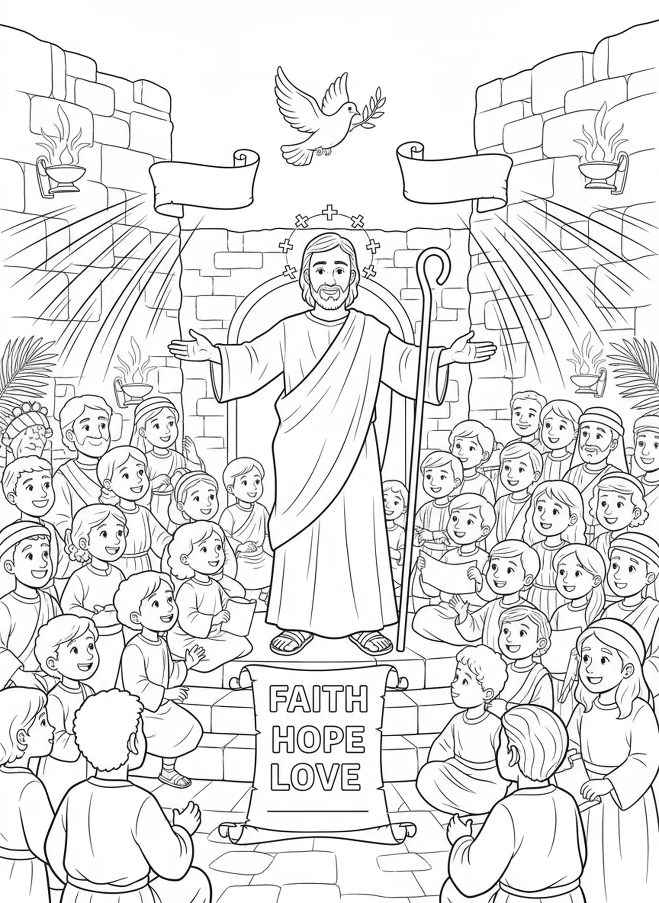 Judas Thaddäus ermutigt den Glauben, Ausmalbild von Judas Thaddäus für Kinder im Religionsunterricht im Alter von 5-12 Jahren.
