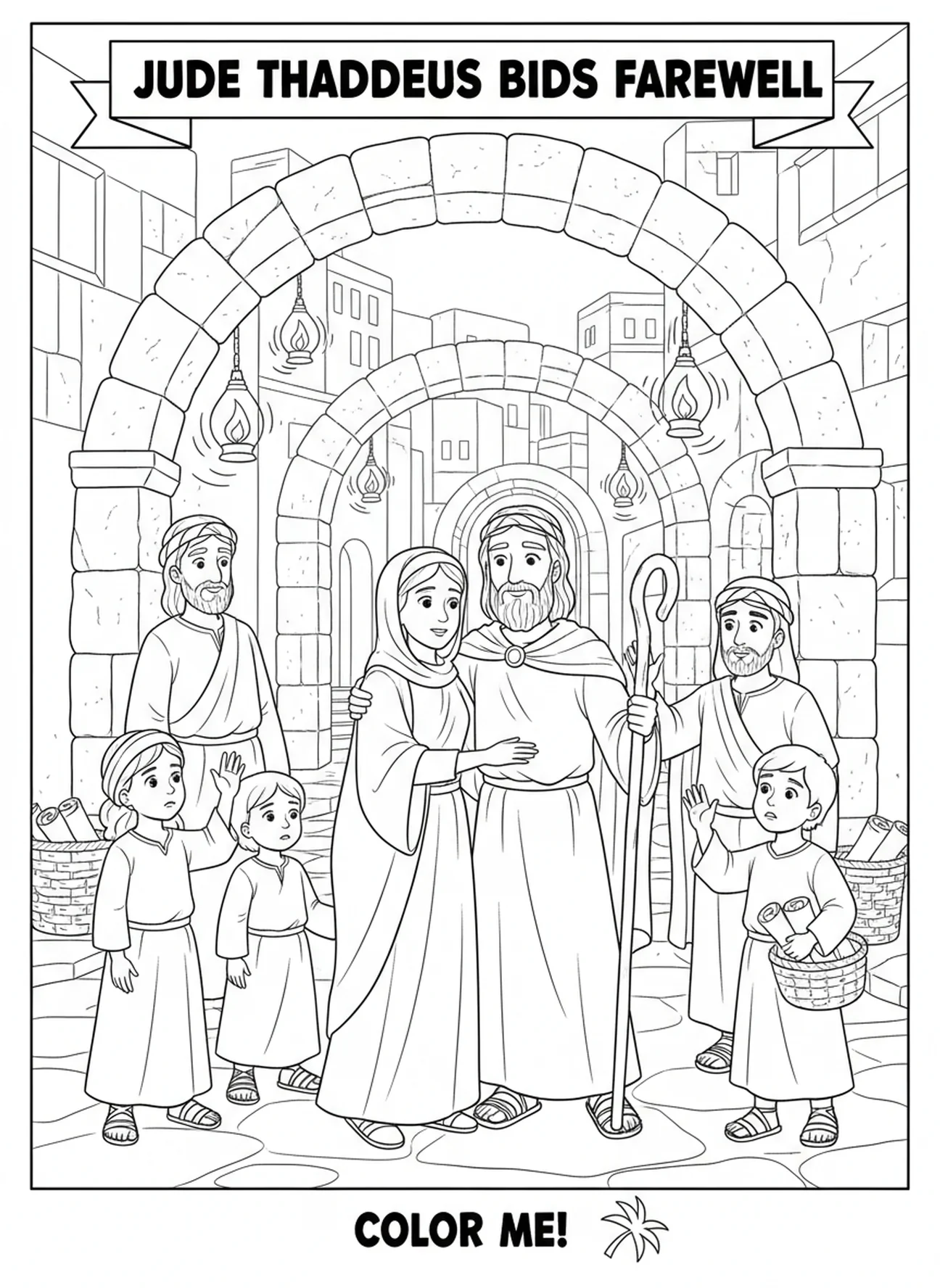 Abschied von Judas Thaddäus, Ausmalbild für die Sonntagsschule für Kinder im Alter von 5-12 Jahren.