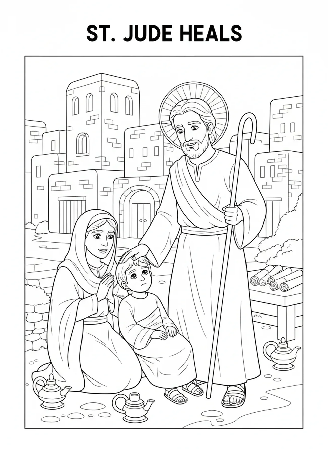 Judas Thaddäus heilt, Ausmalbild von Judas Thaddäus, dem Apostel, für Kinder im Religionsunterricht im Alter von 5-12 Jahren.