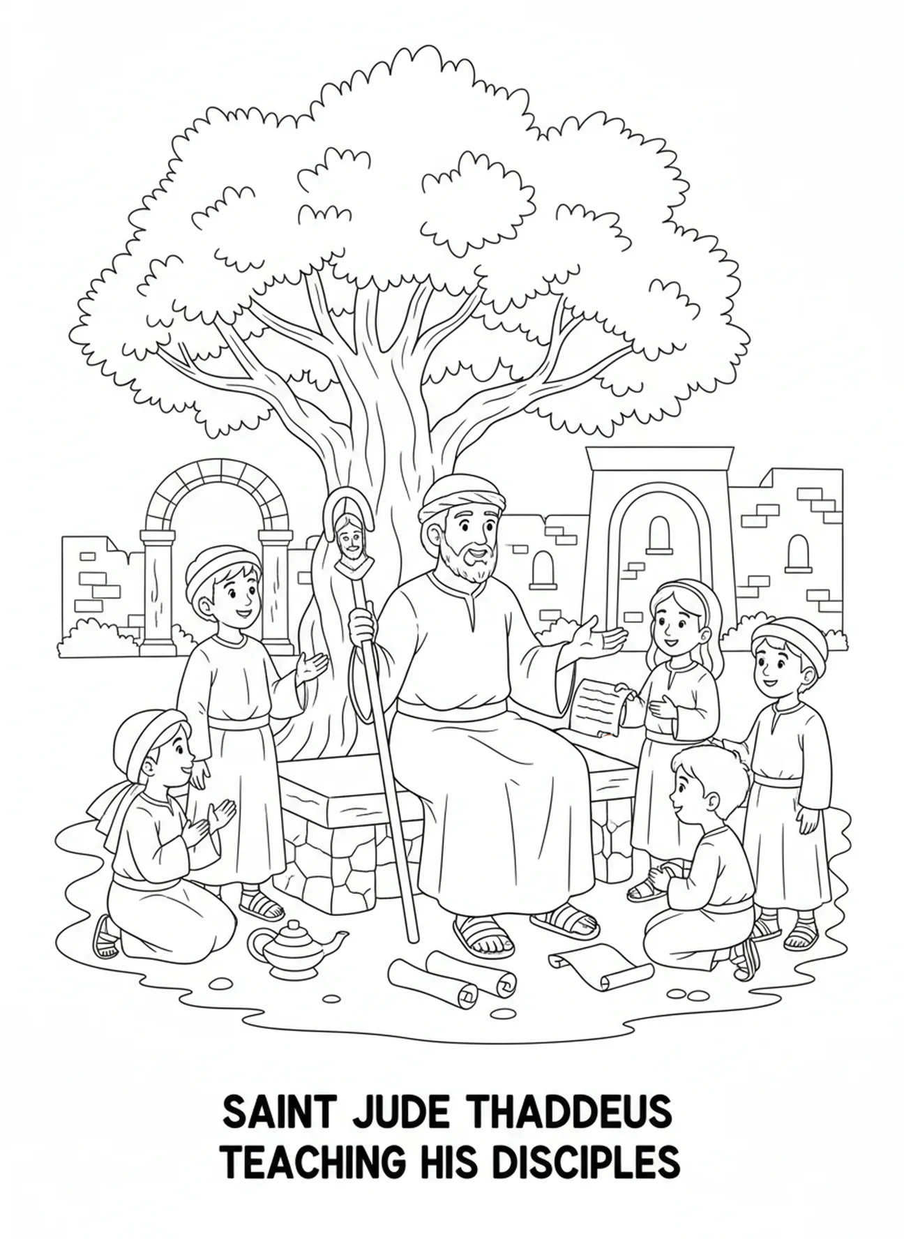 Judas Thaddäus mit Jüngern, Ausmalbild von Judas Thaddäus, dem Apostel, für Sonntagsschulkinder im Alter von 5-12 Jahren.