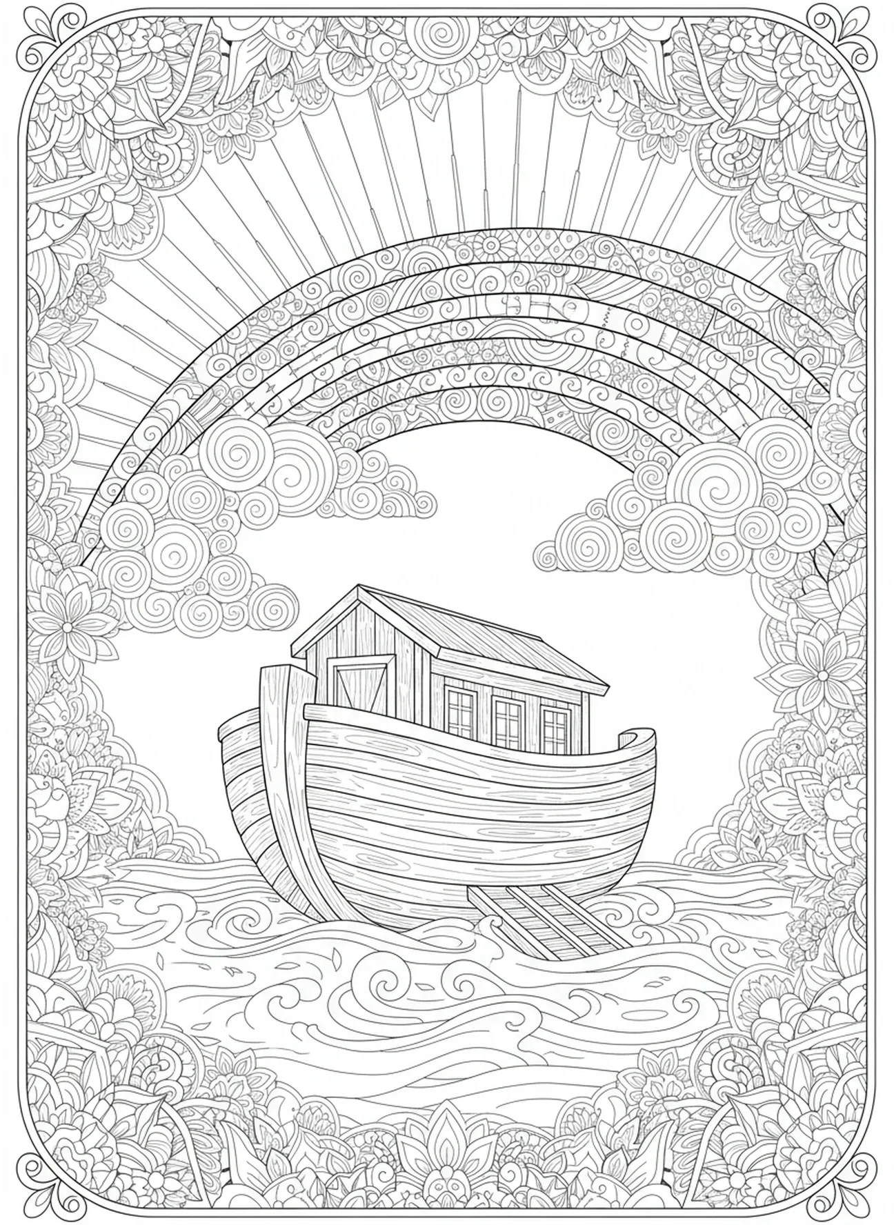 Arco-íris sobre a arca, página para colorir Reino de Deus estilo journaling bíblico para adultos