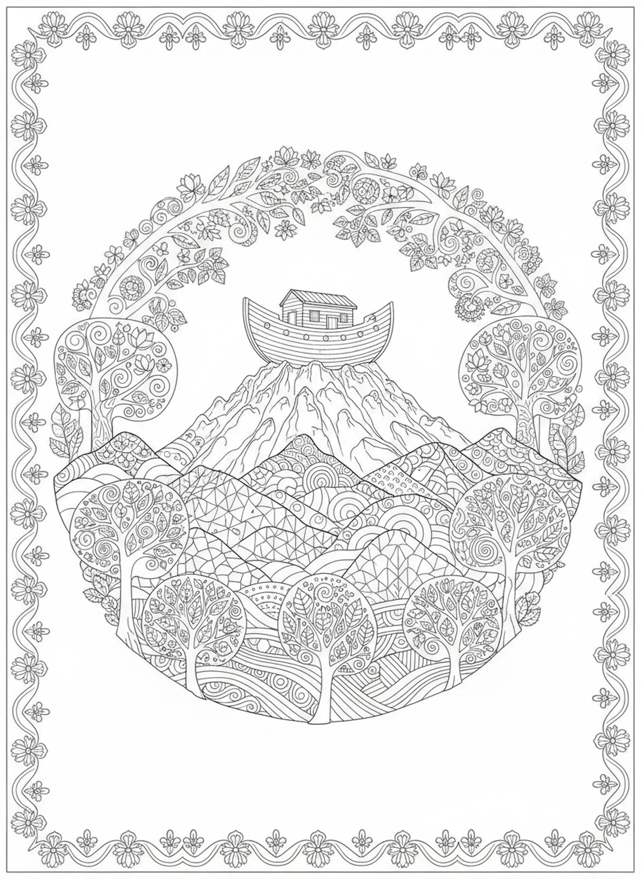 Arca repousando no topo da montanha, página para colorir Reino dos Céus para adultos no estilo de journaling bíblico