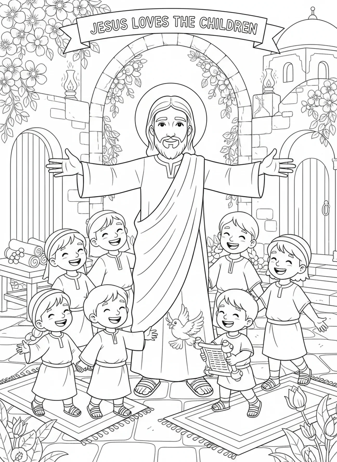 Enfants rassemblés autour de Jésus, page à colorier sur le Royaume des Cieux pour les enfants de catéchisme âgés de 5 à 12 ans.