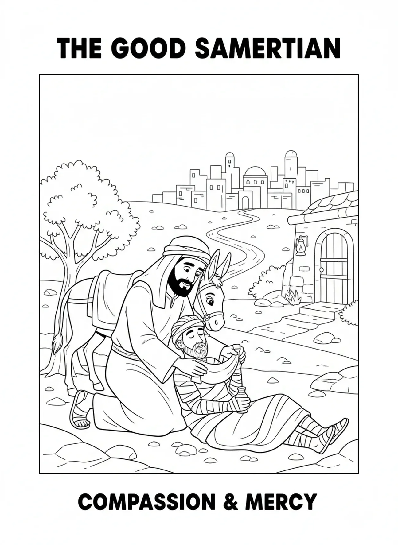 Le Bon Samaritain aidant un voyageur blessé, page à colorier du Royaume des Cieux pour les enfants de l'École du dimanche âgés de 5 à 12 ans.