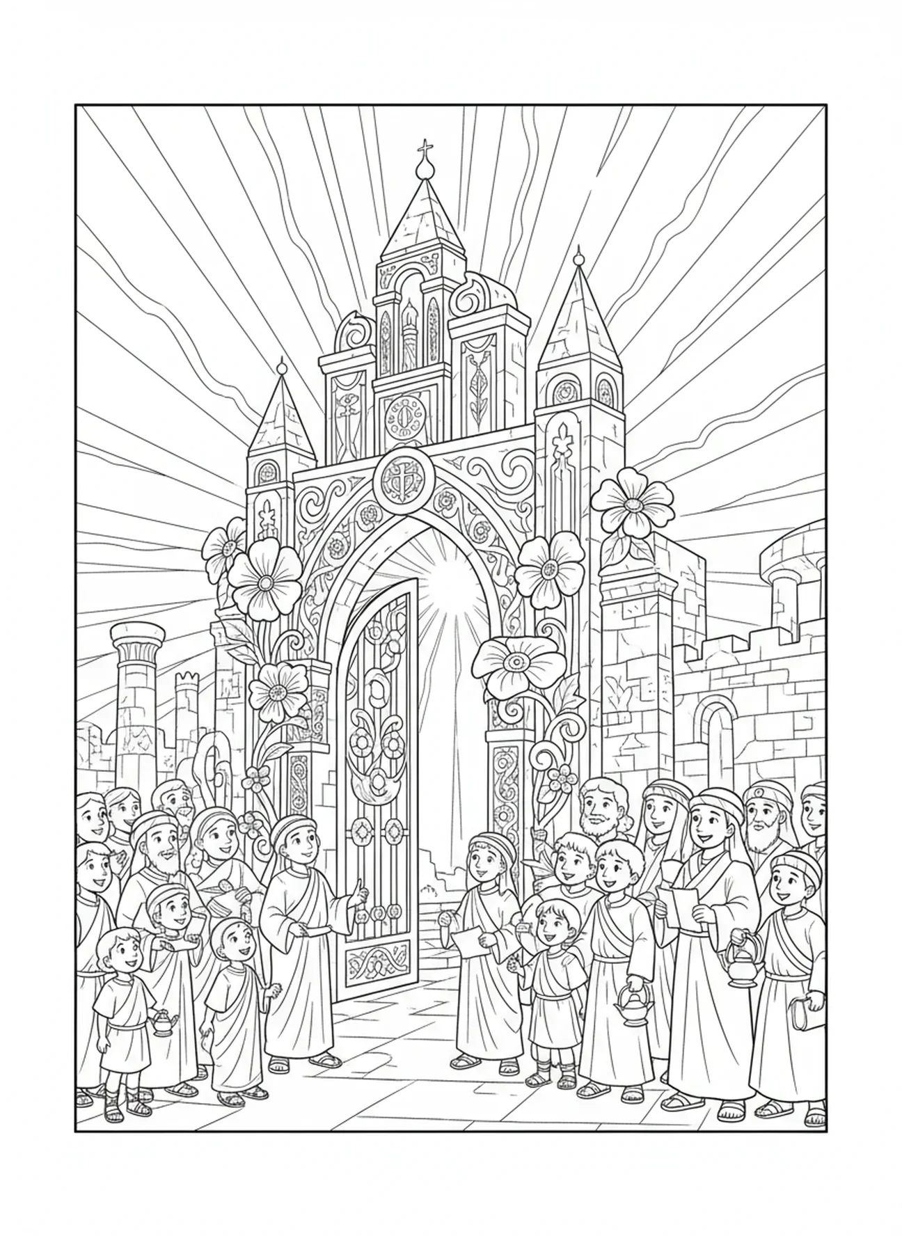 Grande porte du Royaume des Cieux, page à colorier du Royaume des Cieux pour les enfants de l'École du dimanche âgés de 5 à 12 ans.