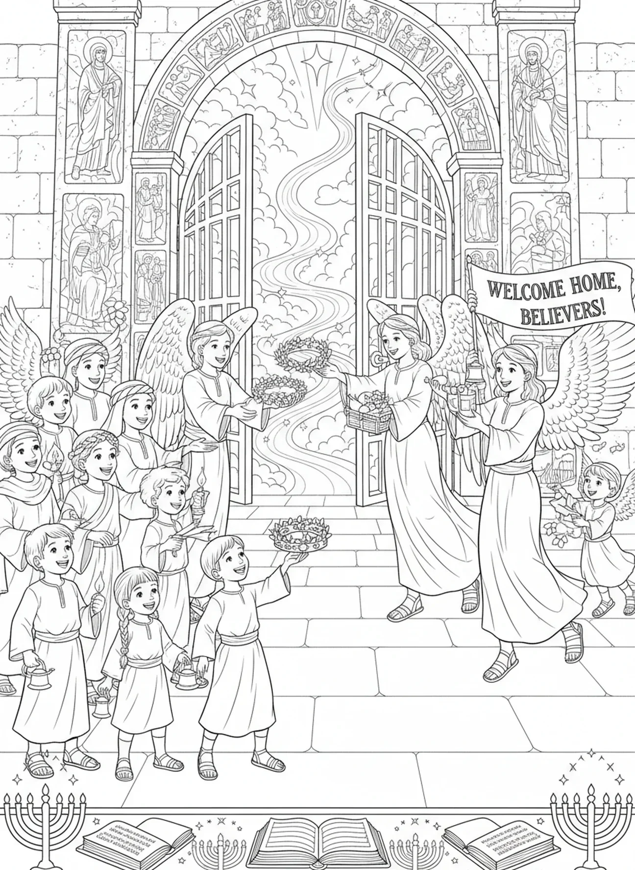 Des personnes recevant des couronnes au Ciel, page à colorier sur le Royaume des Cieux pour les enfants de l'École du dimanche âgés de 5 à 12 ans.