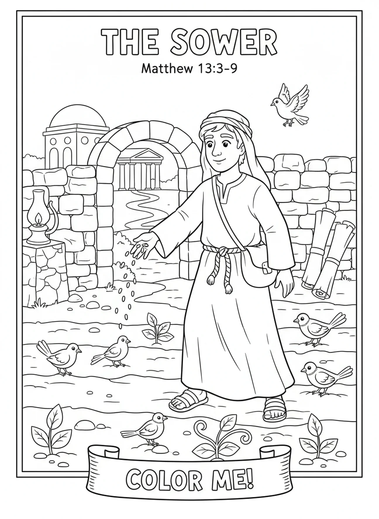 Semeur répandant des graines, page à colorier du Royaume des Cieux pour les enfants de l'École du dimanche âgés de 5 à 12 ans.