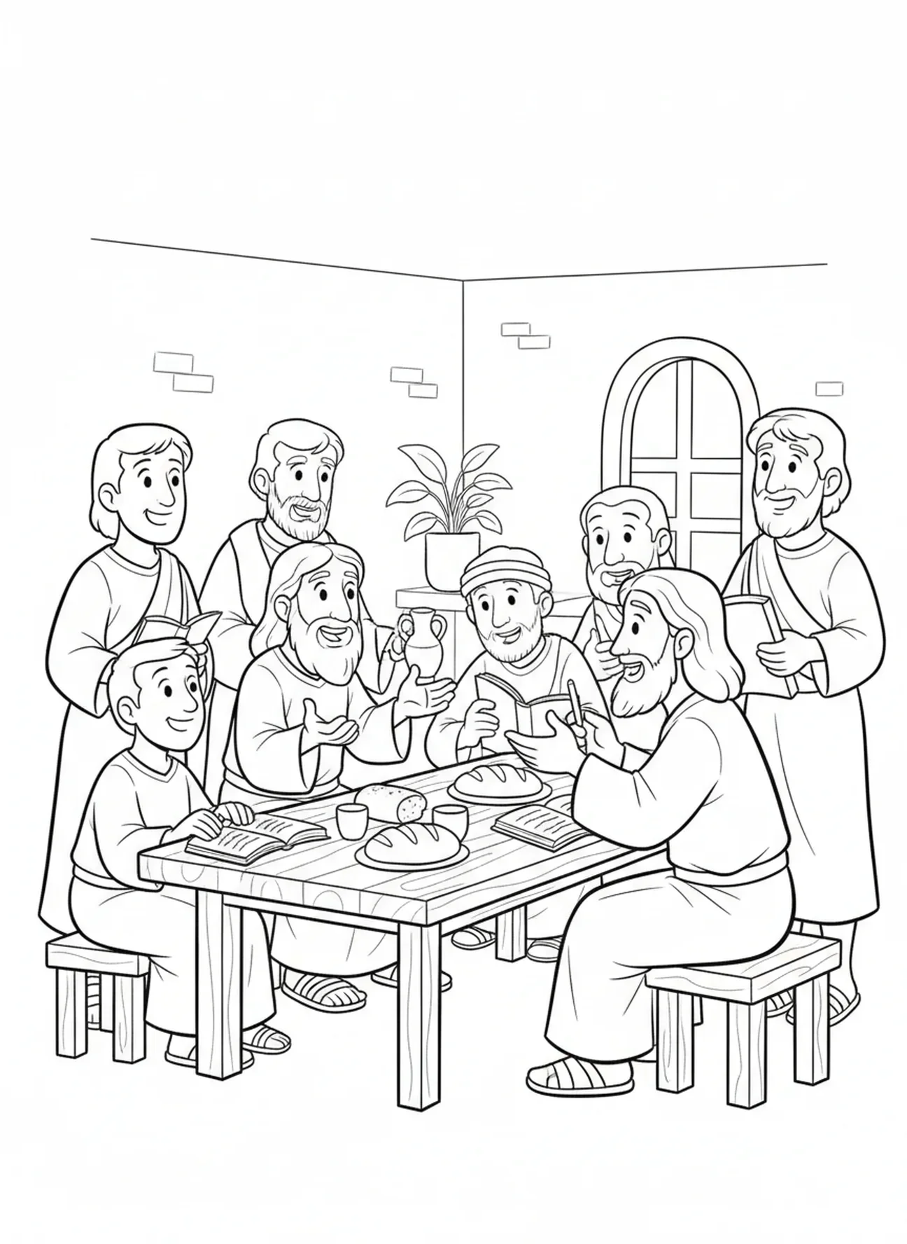 Jezus onderwijst zijn discipelen, Laatste Avondmaal Jezus Breekt Brood kleurplaat voor kinderen van 5-10 jaar