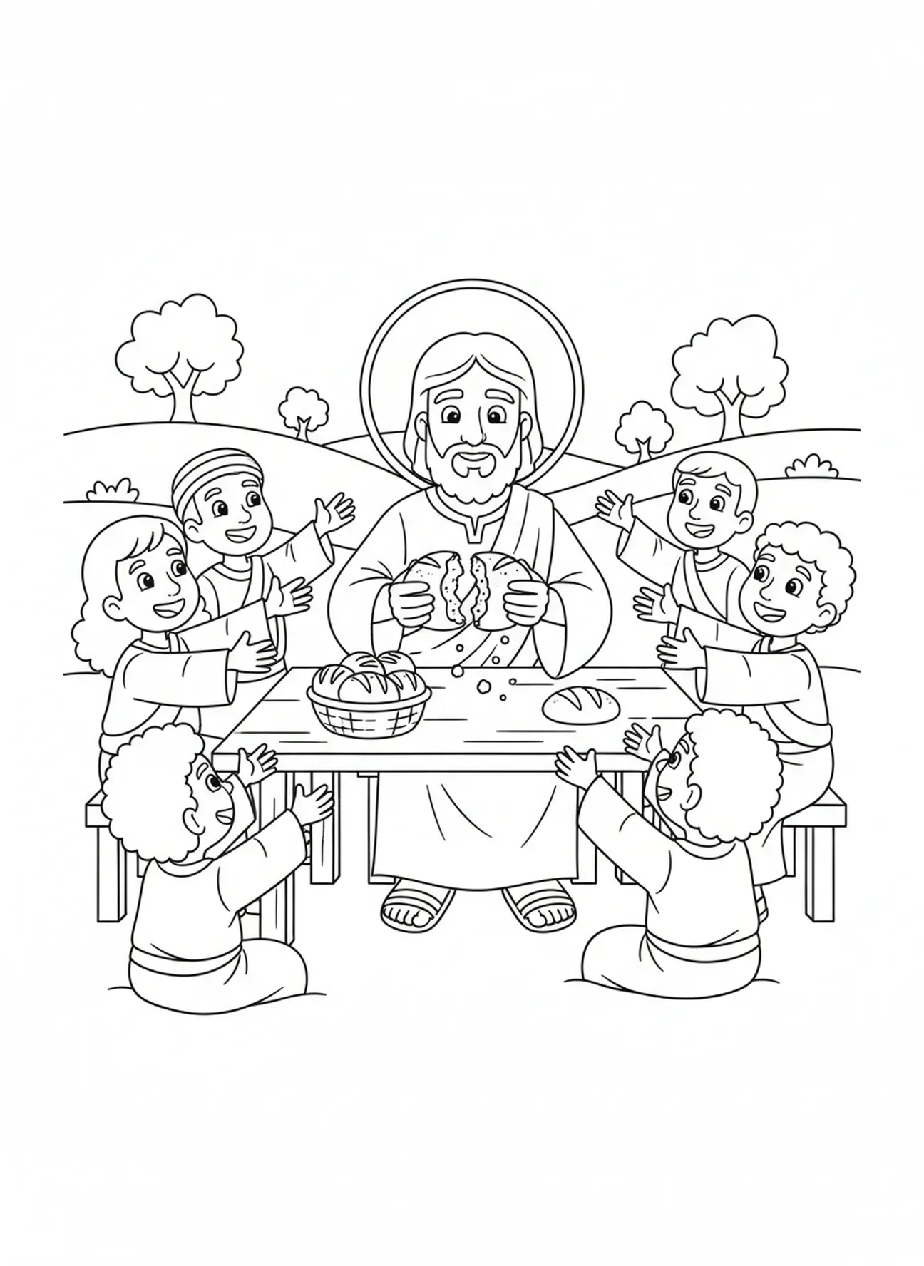 Jesus bricht das Brot, das letzte Abendmahl mit Jesus und 12 Jüngern, Ausmalbild für Kinder im Alter von 5-10 Jahren.