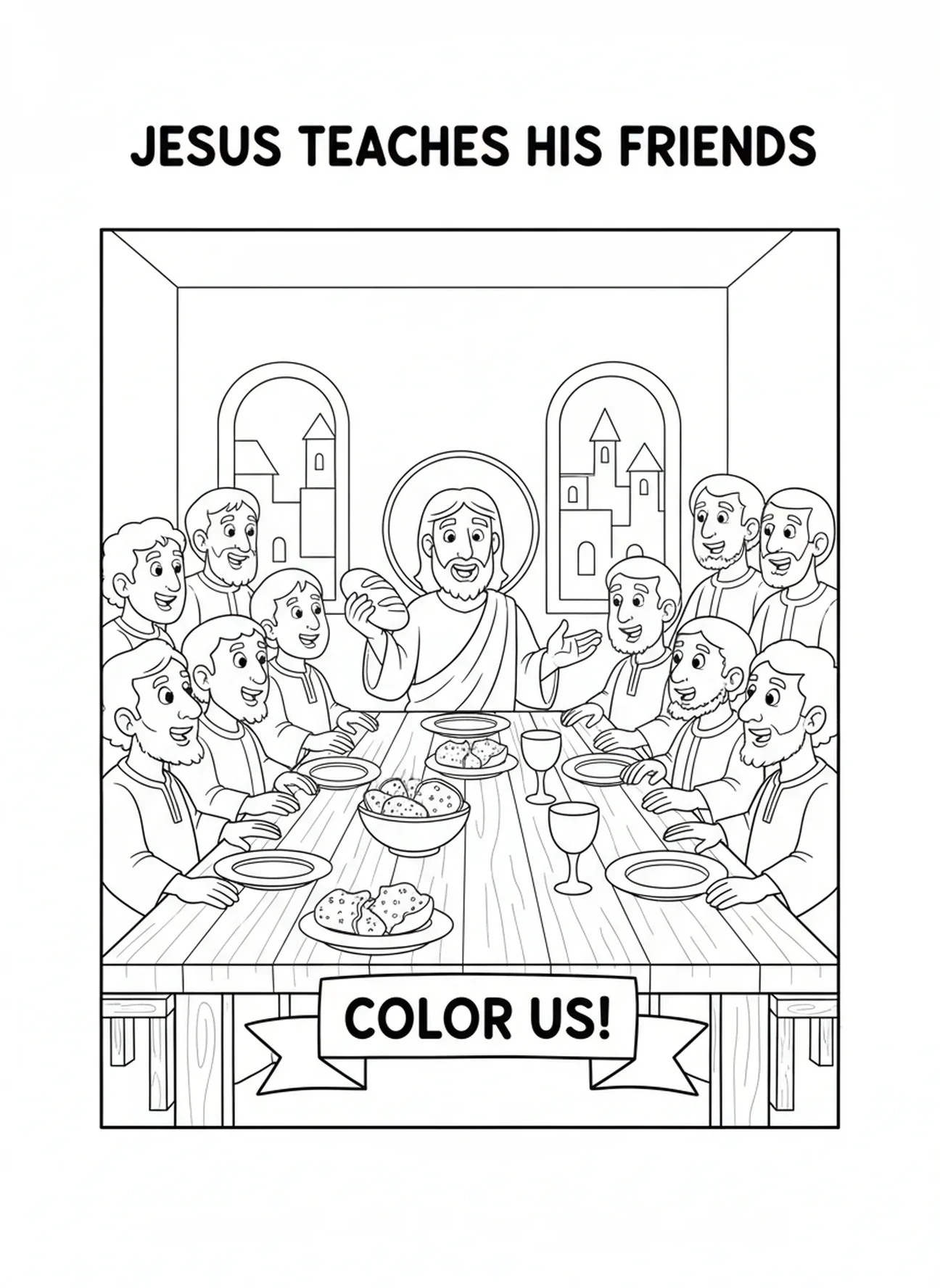 Aufgeregte Jünger versammeln sich um den Tisch, das letzte Abendmahl mit Jesus und den 12 Jüngern, Ausmalbild für Kinder im Alter von 5-10 Jahren.